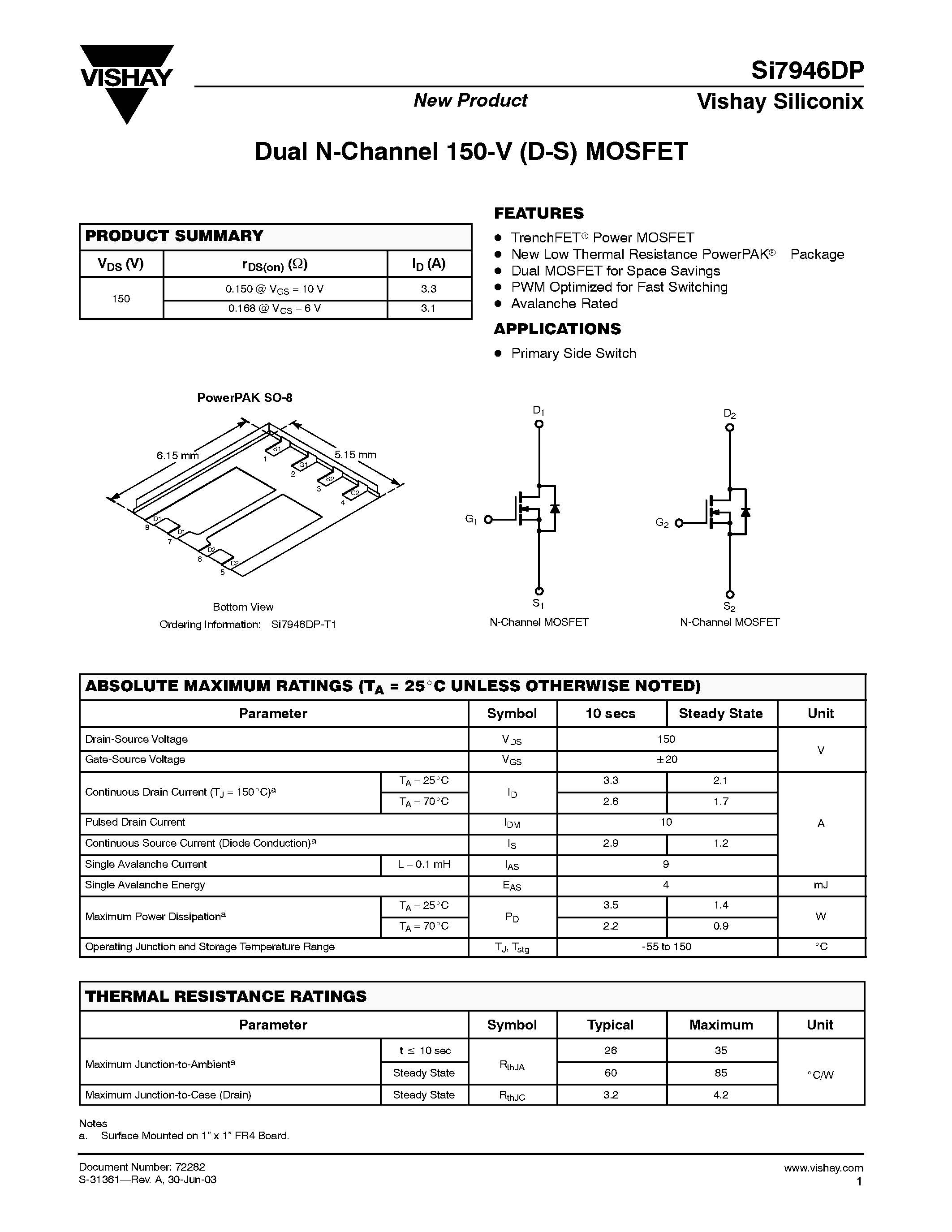 Даташит SI7946DP-T1 - Dual N-Channel 150-V (D-S) MOSFET страница 1