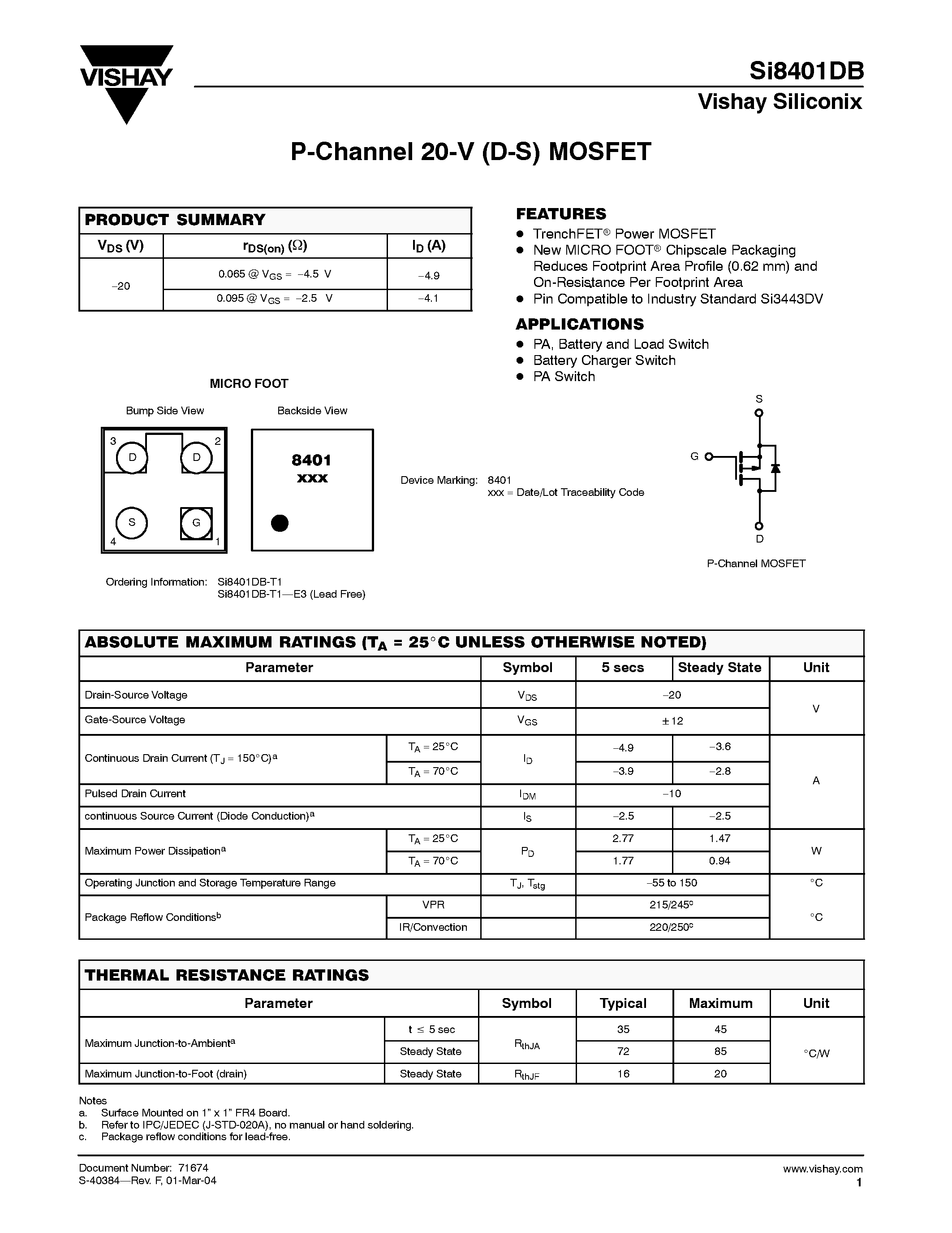 Даташит на микросхему SI8401DB-T1 страница 1 Даташит SI8401DB-T1 - P-Channel 20-V (D-S) MOSFET страница 1