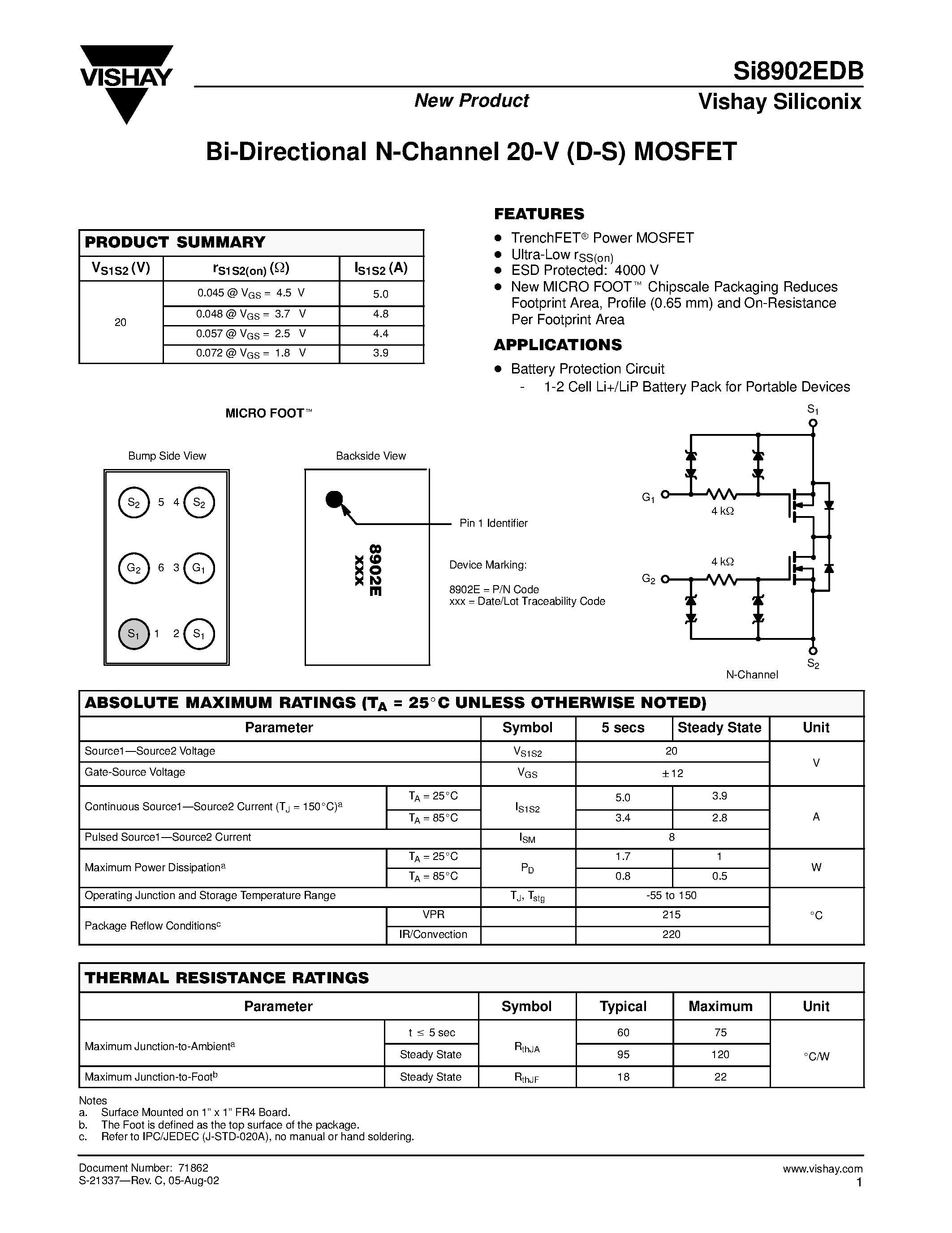 Даташит SI8902EDB - Bi-Directional N-Channel 20-V (D-S) MOSFET страница 1