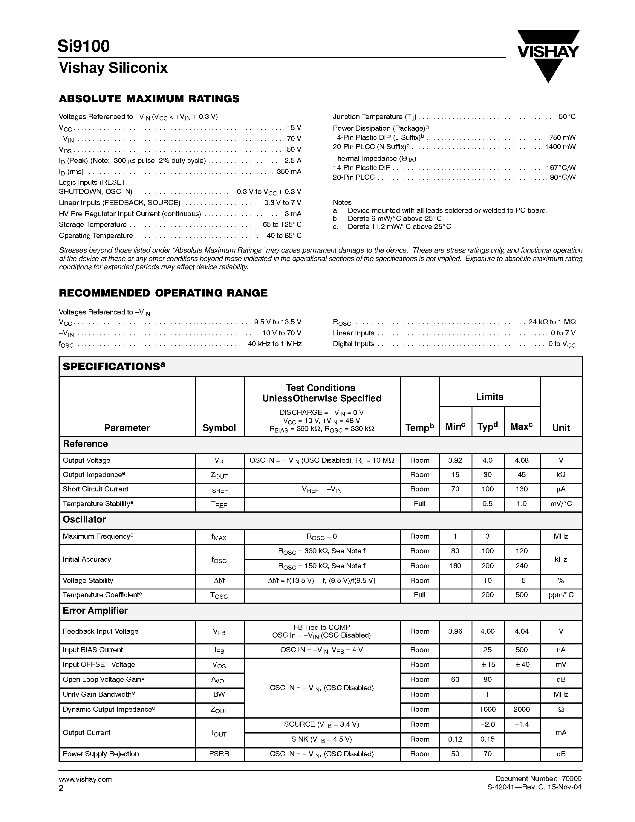 Даташит SI9100DJ02 - 3-W High-Voltage Switchmode Regulator страница 2
