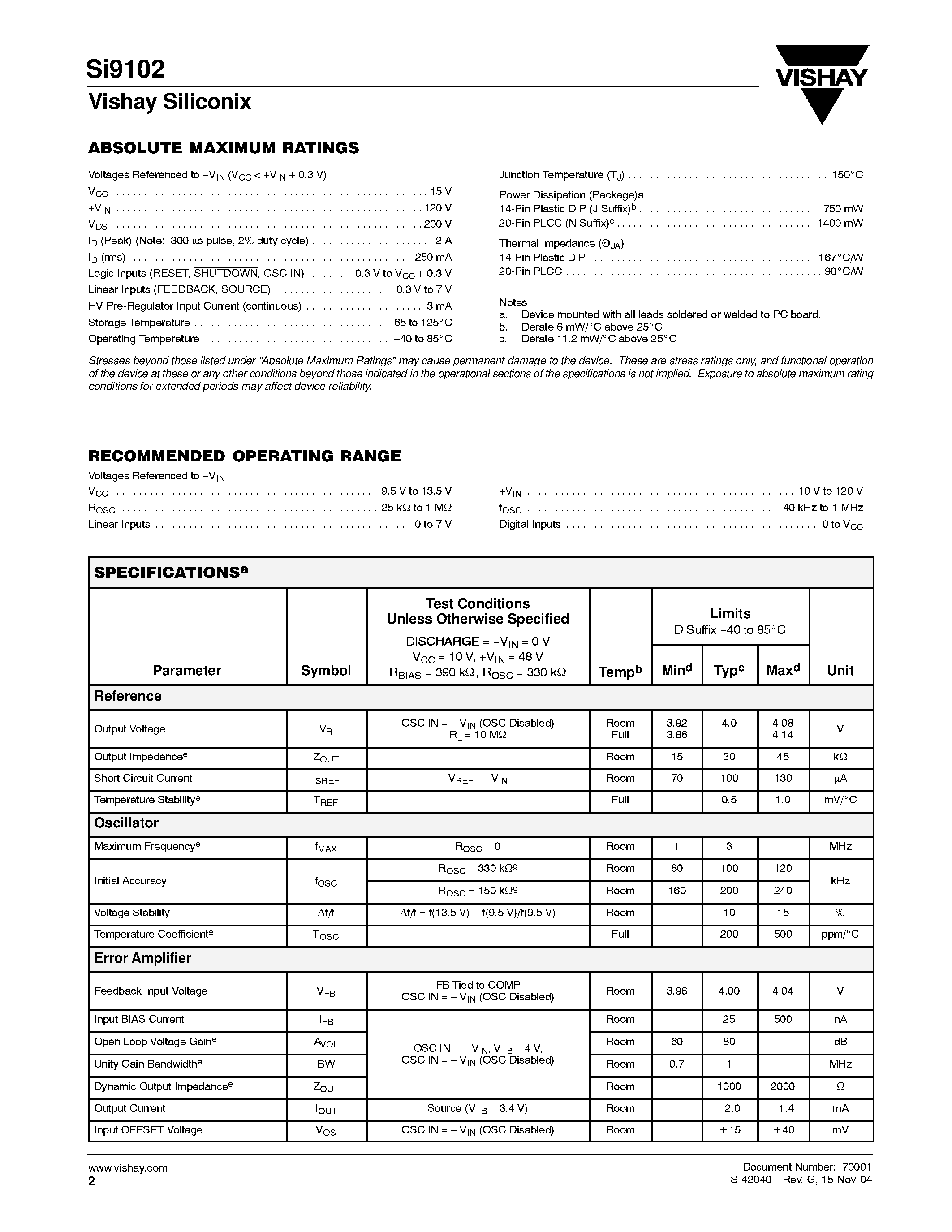Даташит SI9102DJ02-E3 - 3-W High-Voltage Switchmode Regulator страница 2