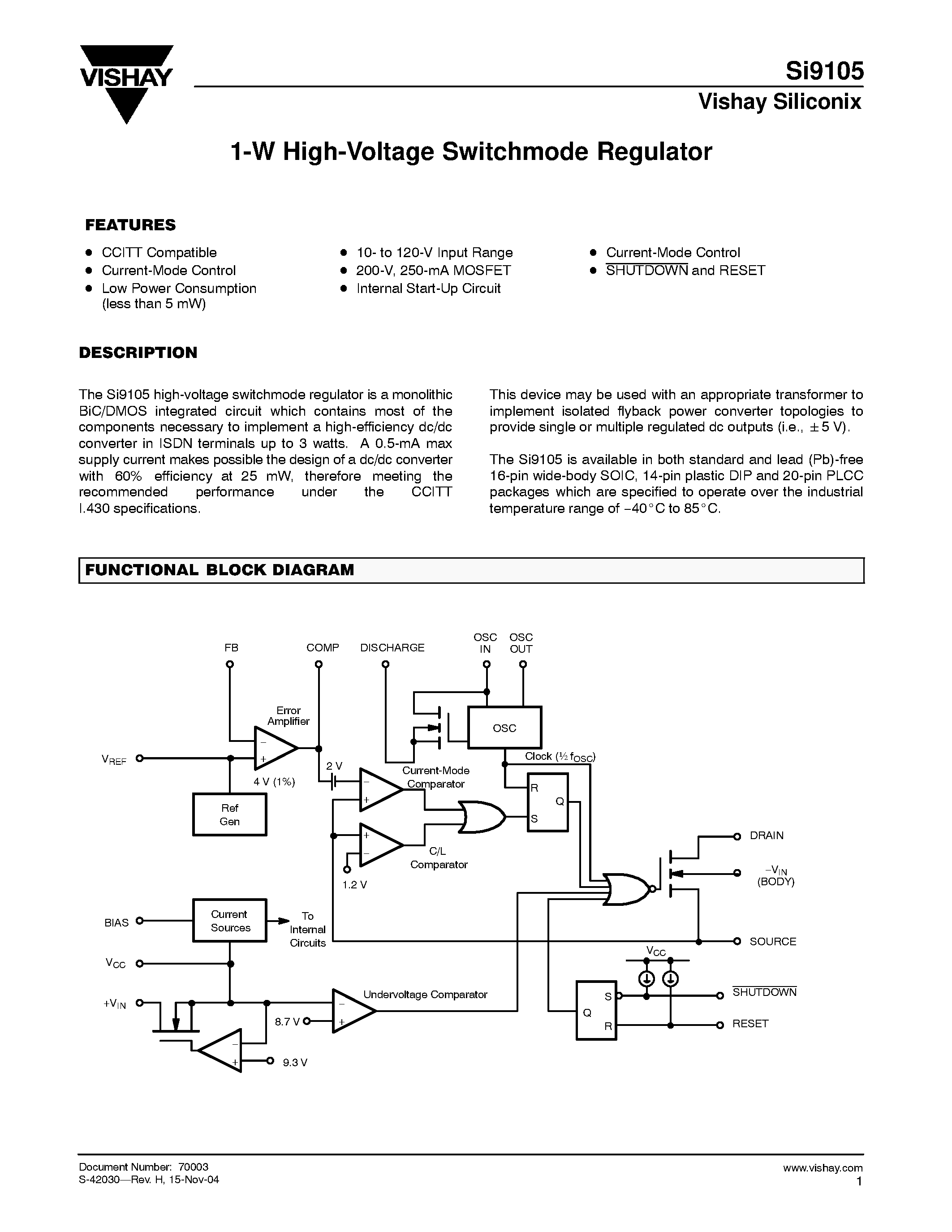 Даташит SI9105DW-T1 - 1-W High-Voltage Switchmode Regulator страница 1