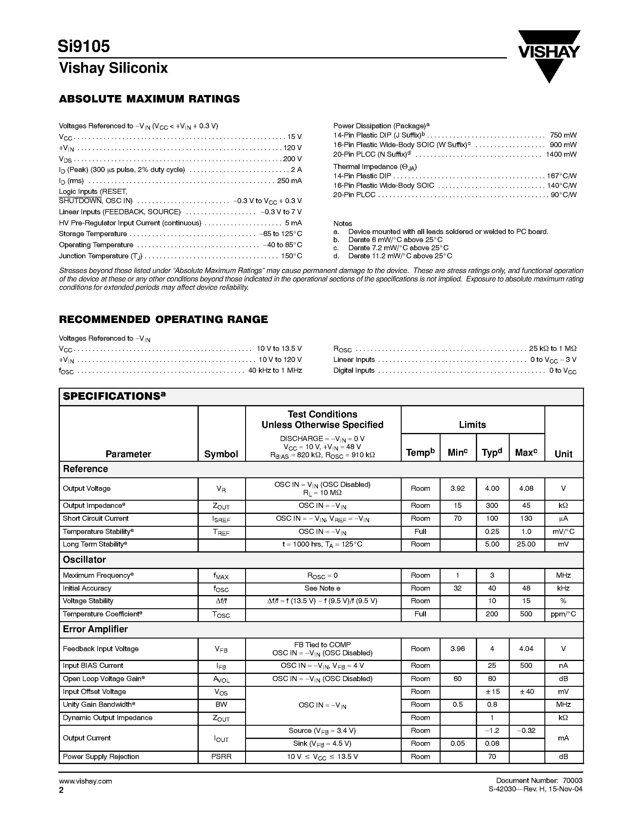 Даташит SI9105DW-T1 - 1-W High-Voltage Switchmode Regulator страница 2