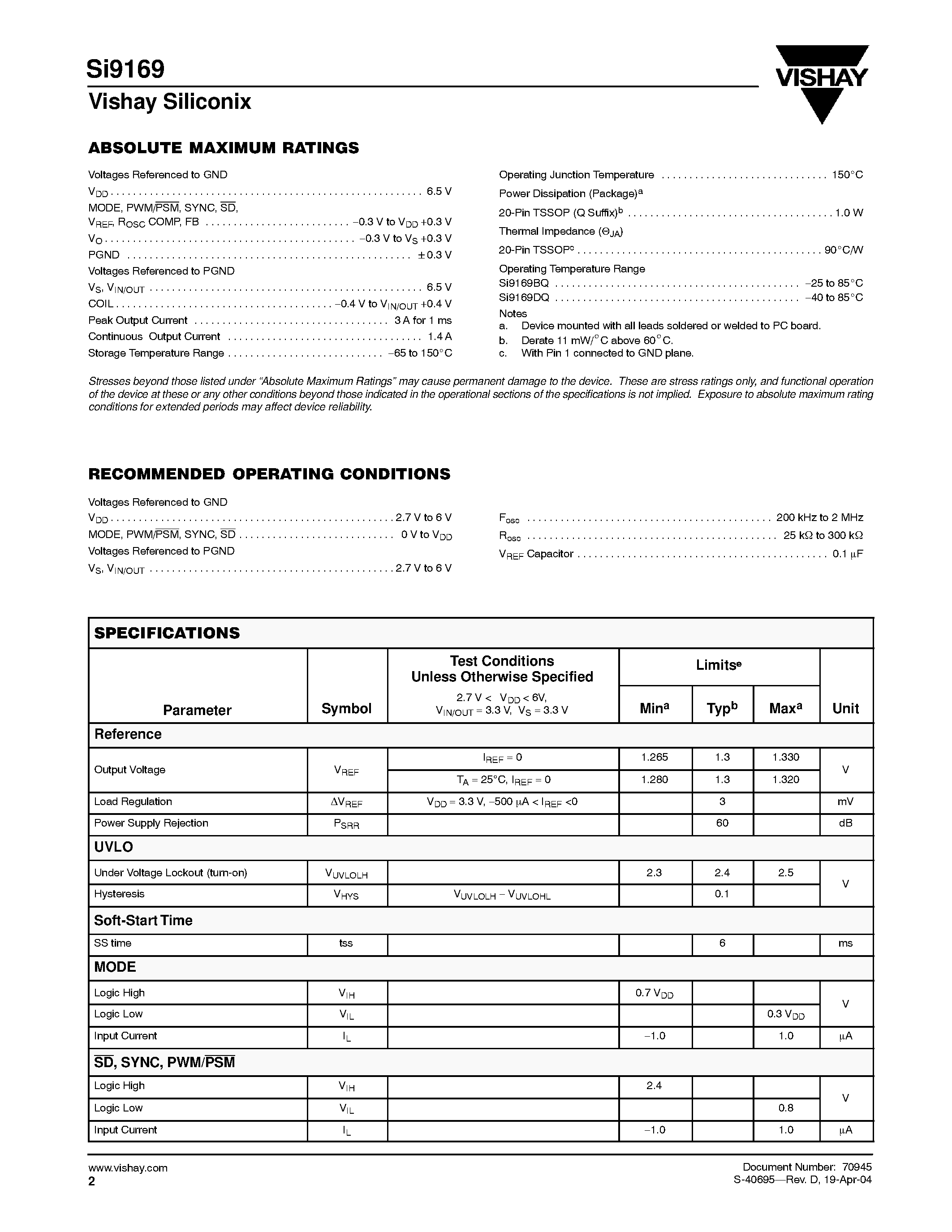 Datasheet SI9169 - High Frequency 1-A Synchronous Buck/Boost Converter page 2