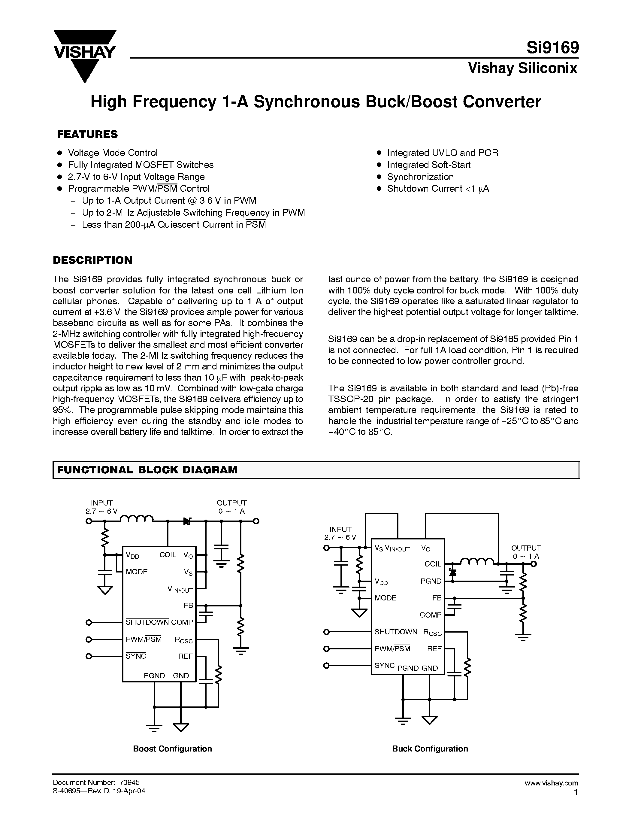 Datasheet Si9169DQ-T1-E3 - High Frequency 1-A Synchronous Buck/Boost Converter page 1