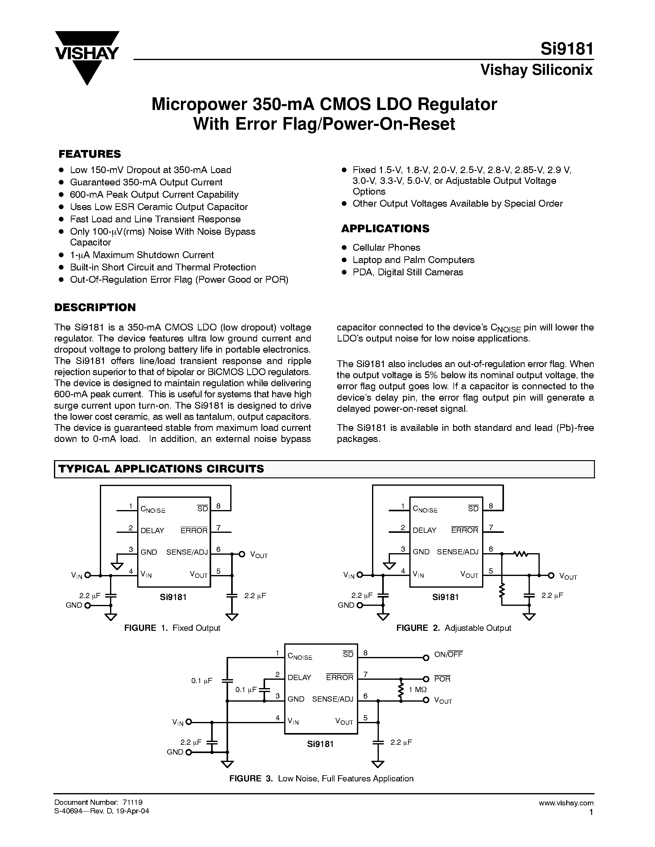 Datasheet Si9181DQ-15-T1-3 - Micropower 350-mA CMOS LDO Regulator With Error Flag/Power-On-Reset page 1