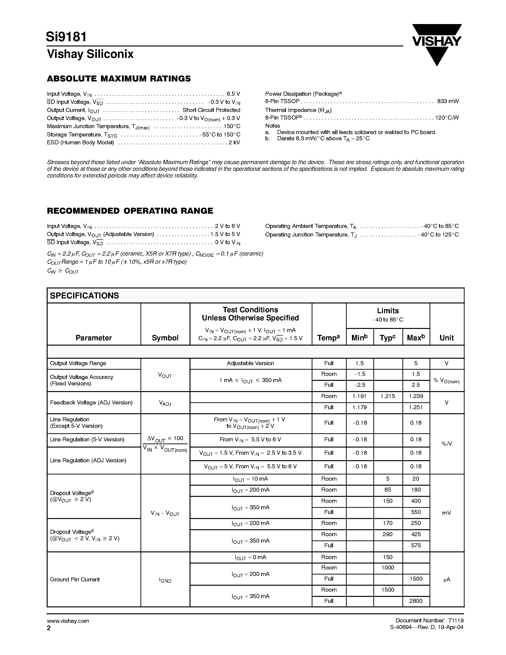 Datasheet Si9181DQ-15-T1-3 - Micropower 350-mA CMOS LDO Regulator With Error Flag/Power-On-Reset page 2