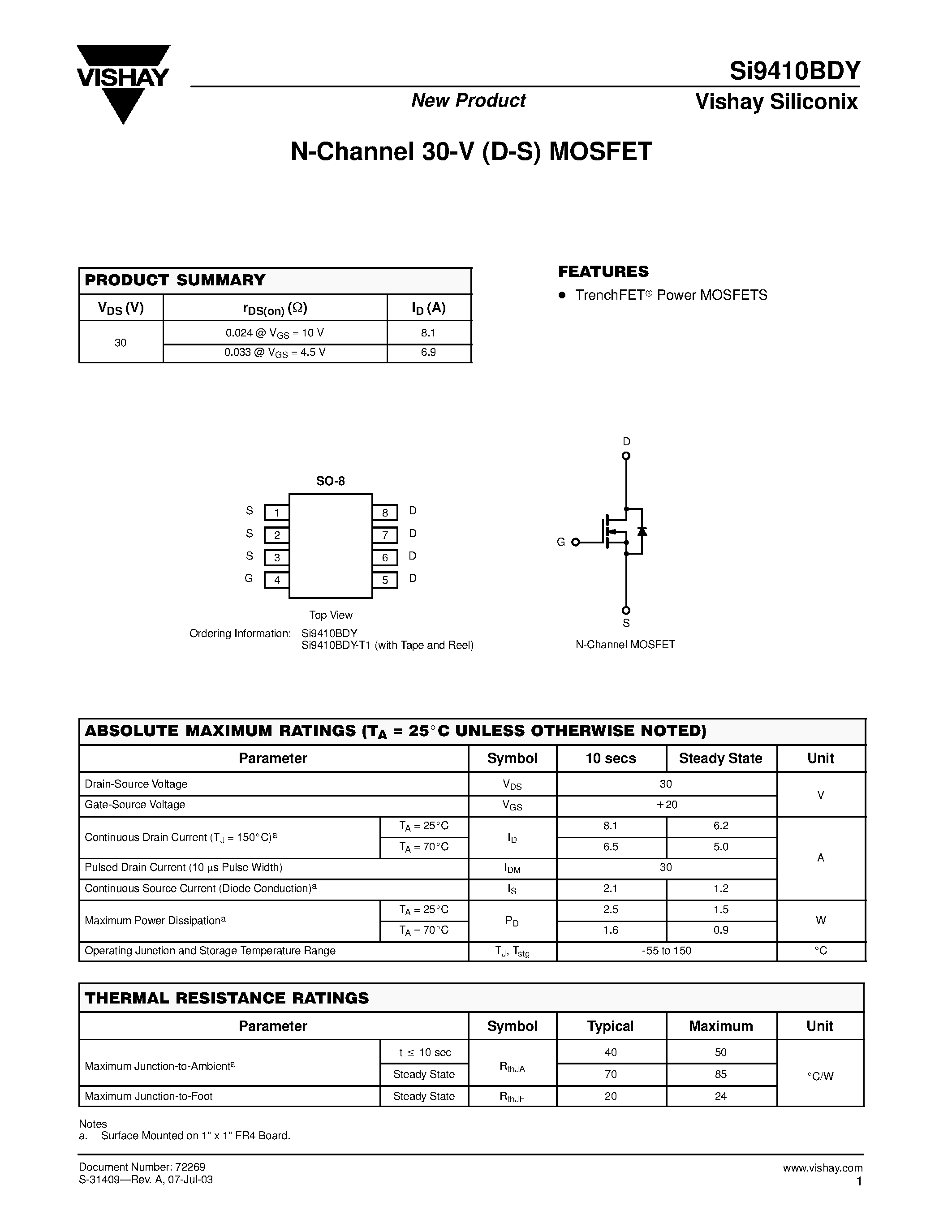 Даташит Si9410BDY-T1 - N-Channel 30-V (D-S) MOSFET страница 1