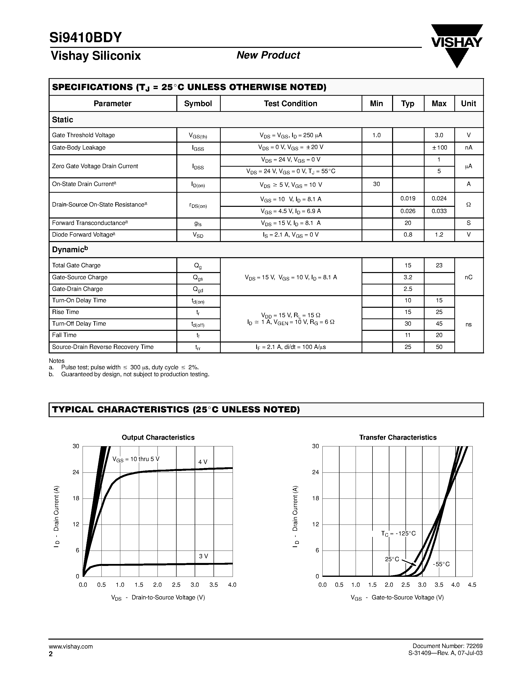 Даташит Si9410BDY-T1 - N-Channel 30-V (D-S) MOSFET страница 2