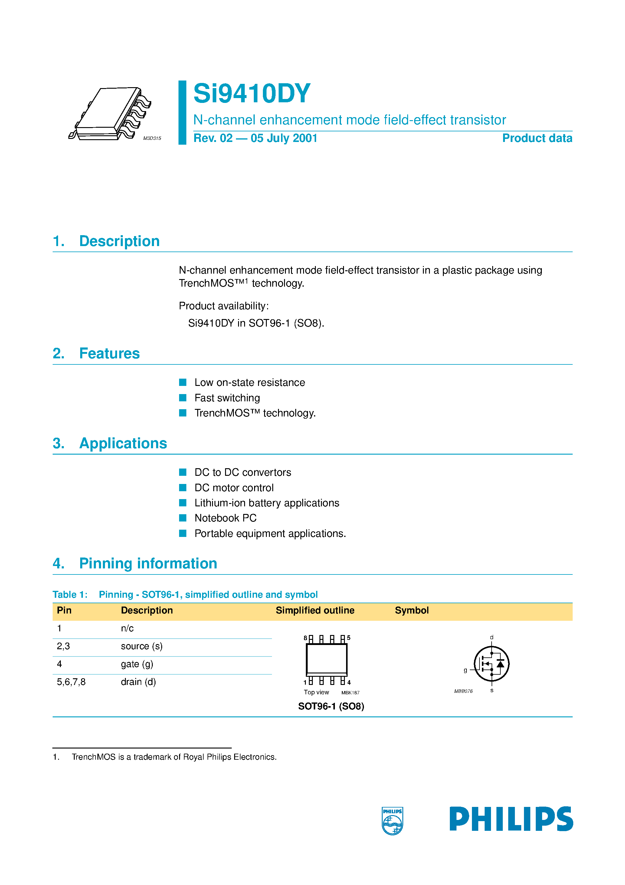 Datasheet SI9410DY - N-channel enhancement mode field-effect transistor page 1