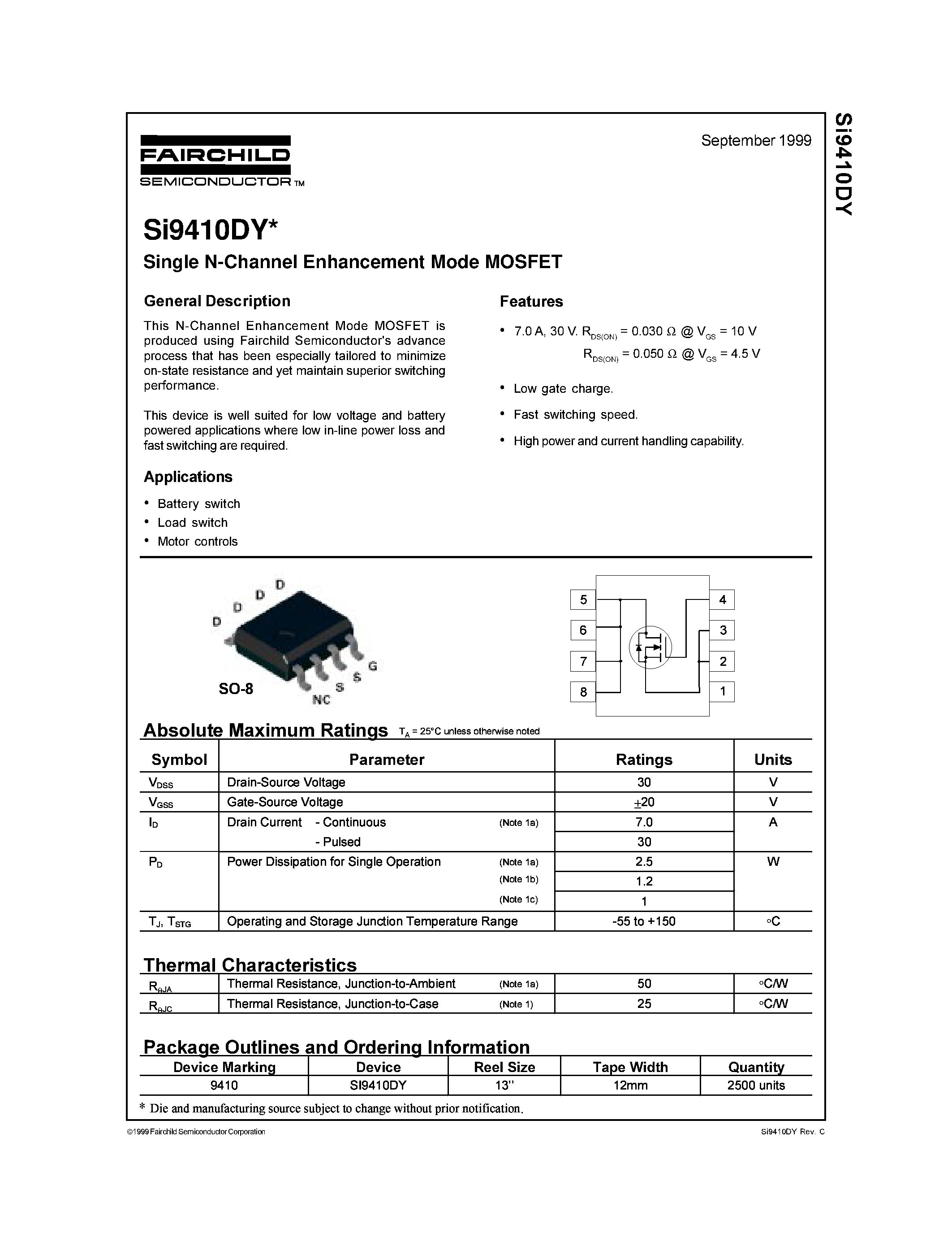 Datasheet SI9410DY - Single N-Channel Enhancement Mode MOSFET page 1