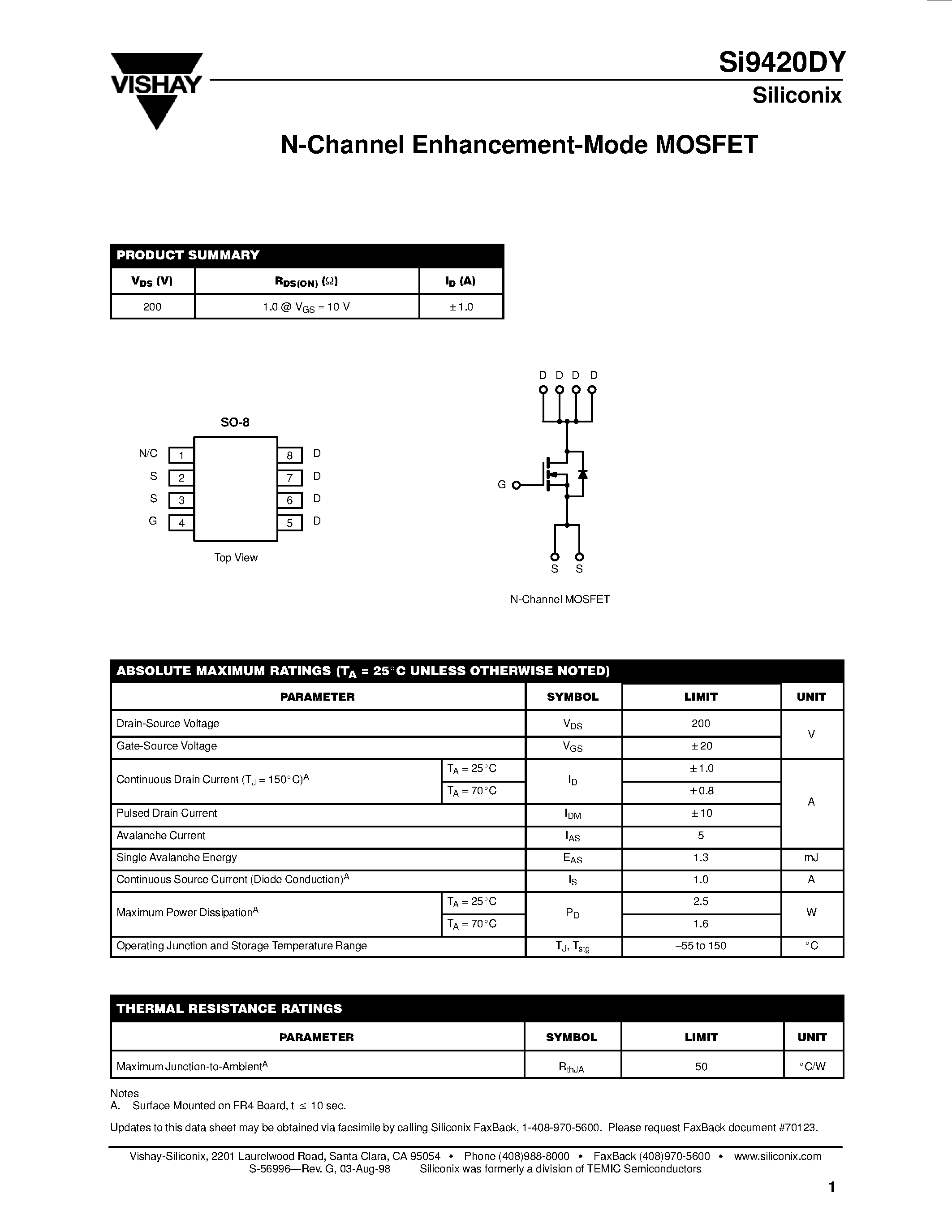 Datasheet SI9420DY - N-Channel Enhancement-Mode MOSFET page 1