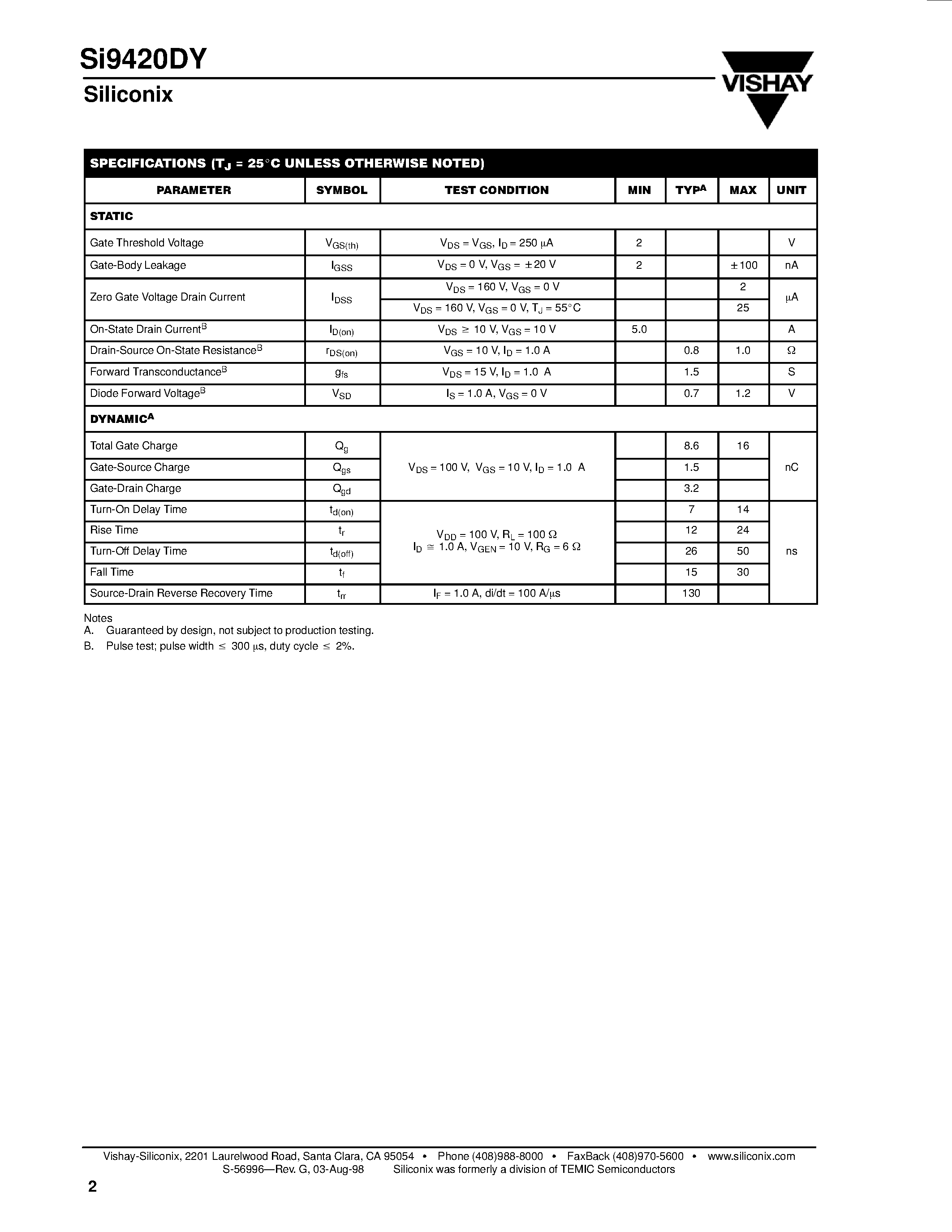 Datasheet SI9420DY - N-Channel Enhancement-Mode MOSFET page 2