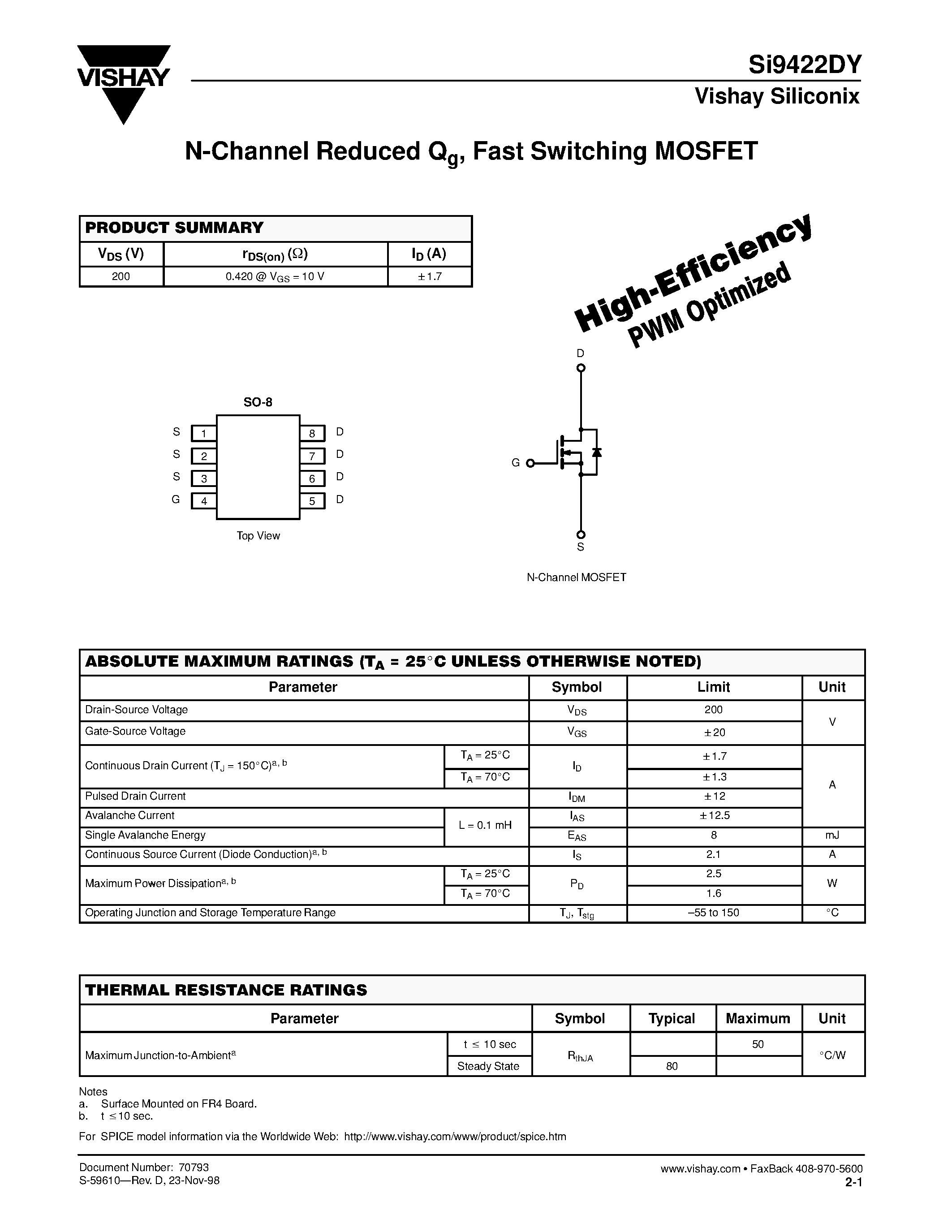 Datasheet SI9422DY - N-Channel Reduced Qg/ Fast Switching MOSFET page 1