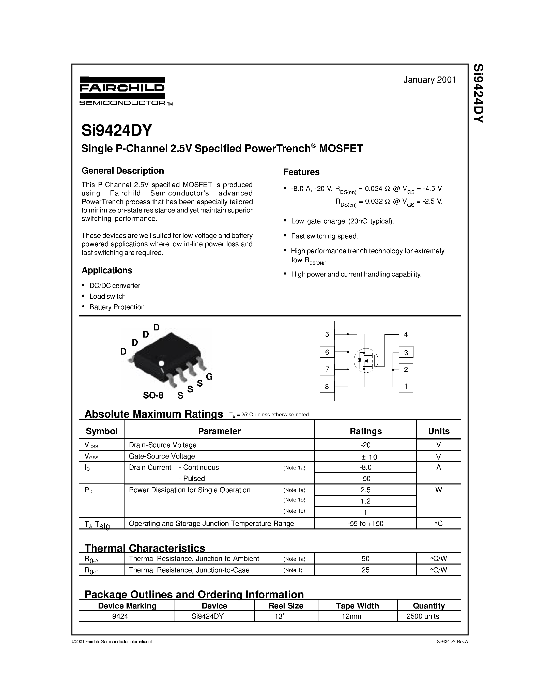 Datasheet SI9424DY - Single P-Channel 2.5V Specified PowerTrench MOSFET page 1