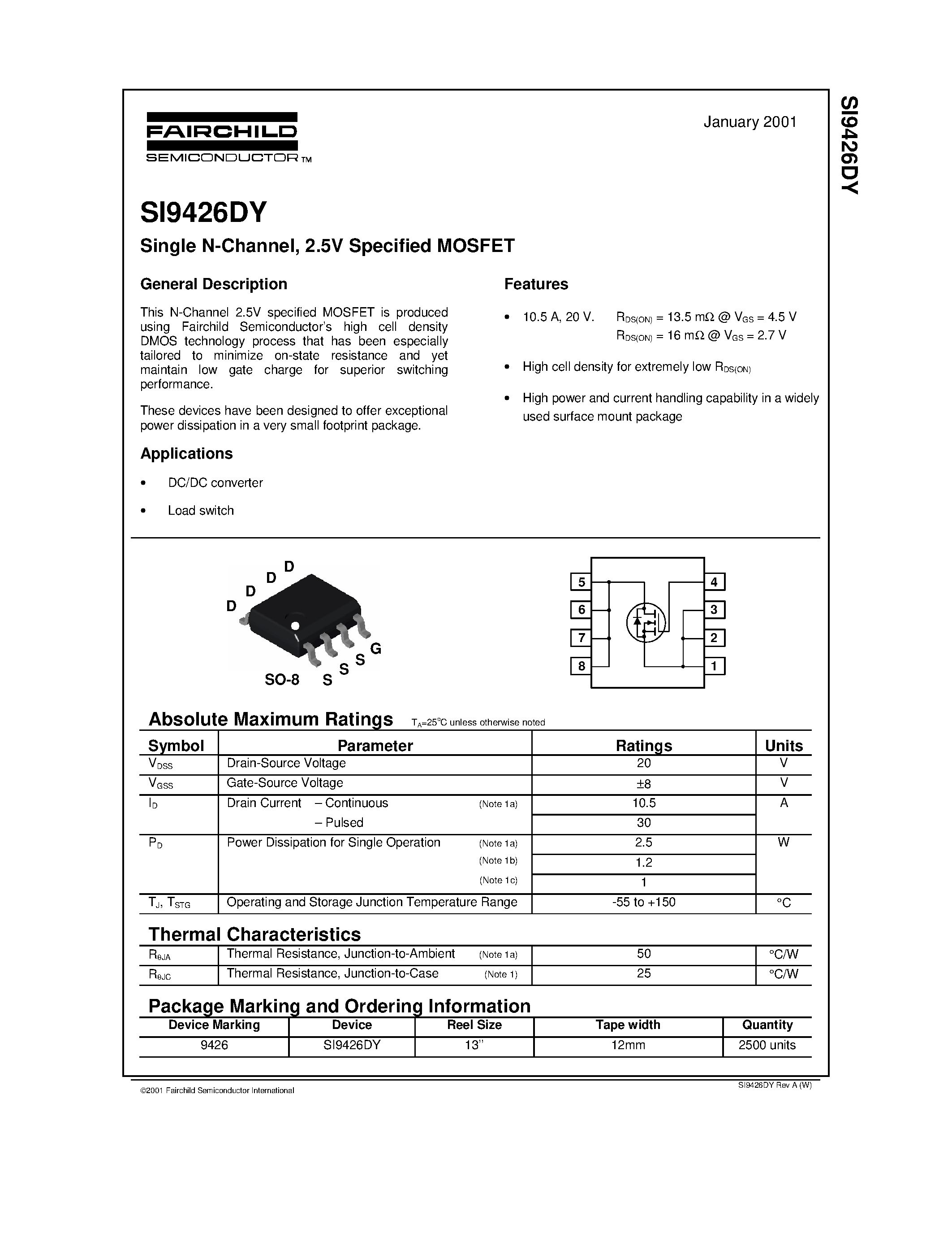 Datasheet SI9426 - Single N-Channel/ 2.5V Specified MOSFET page 1