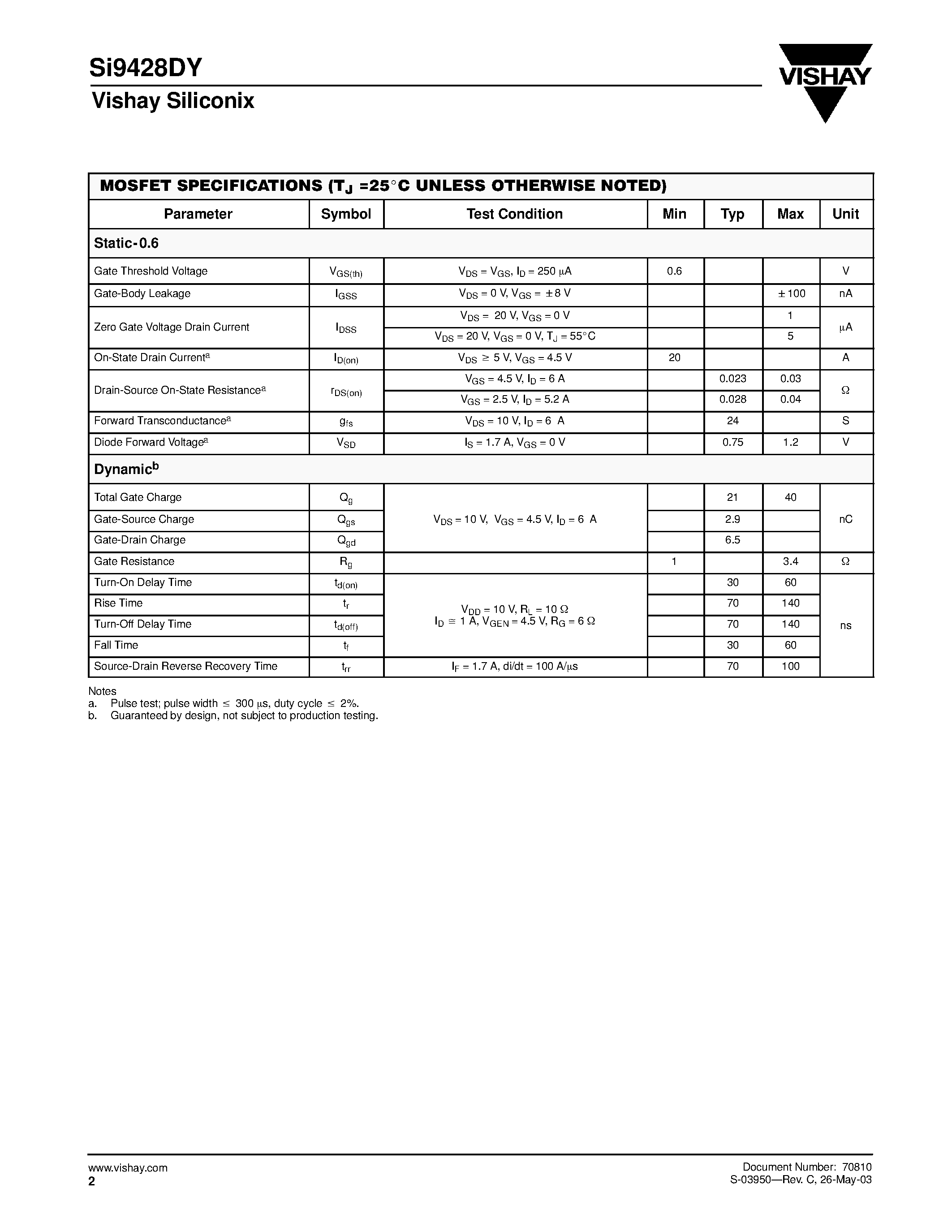 Datasheet SI9428DY page 2 Datasheet SI9428DY - N-Channel 2.5-V (G-S) MOSFET page 2