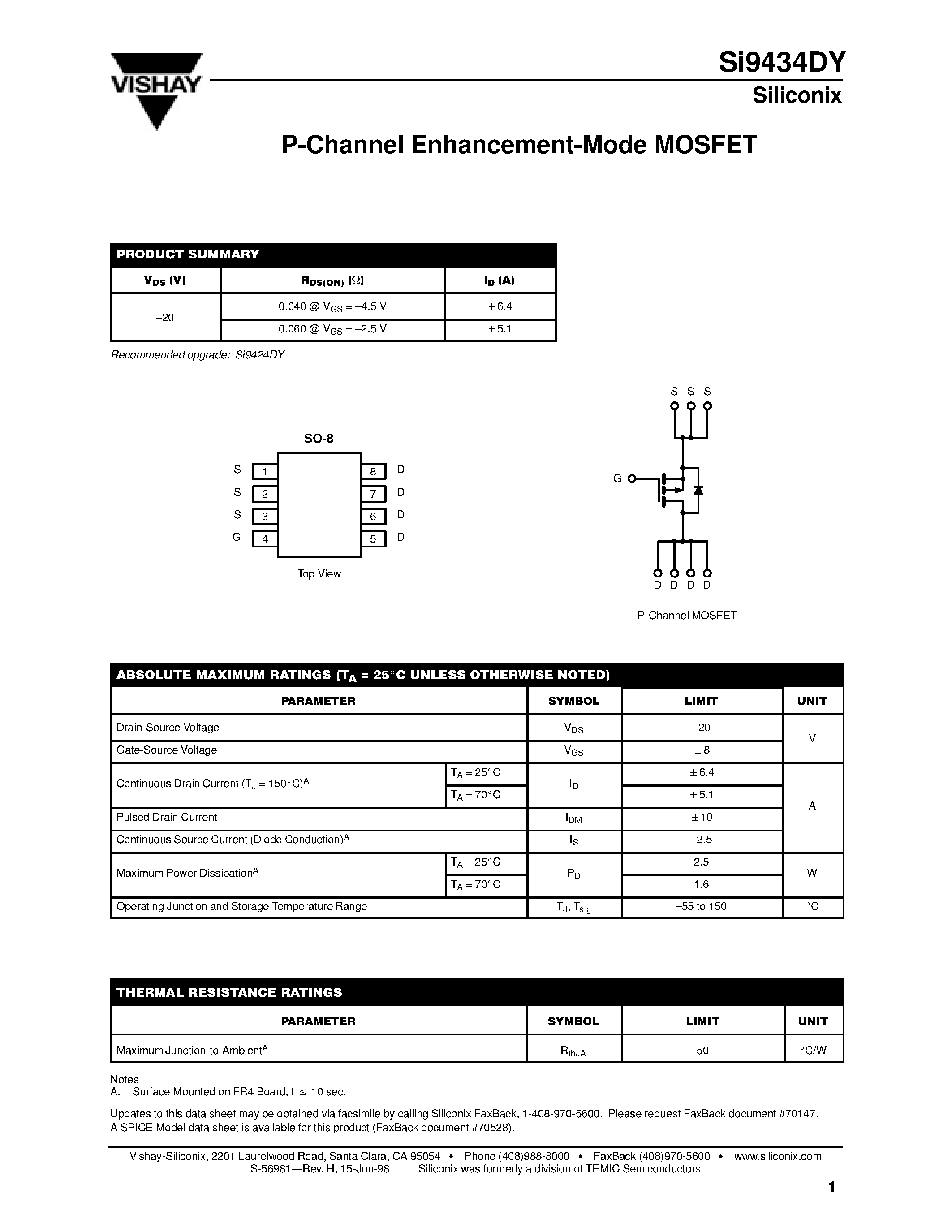 Datasheet SI9434DY - P-Channel Enhancement-Mode MOSFET page 1