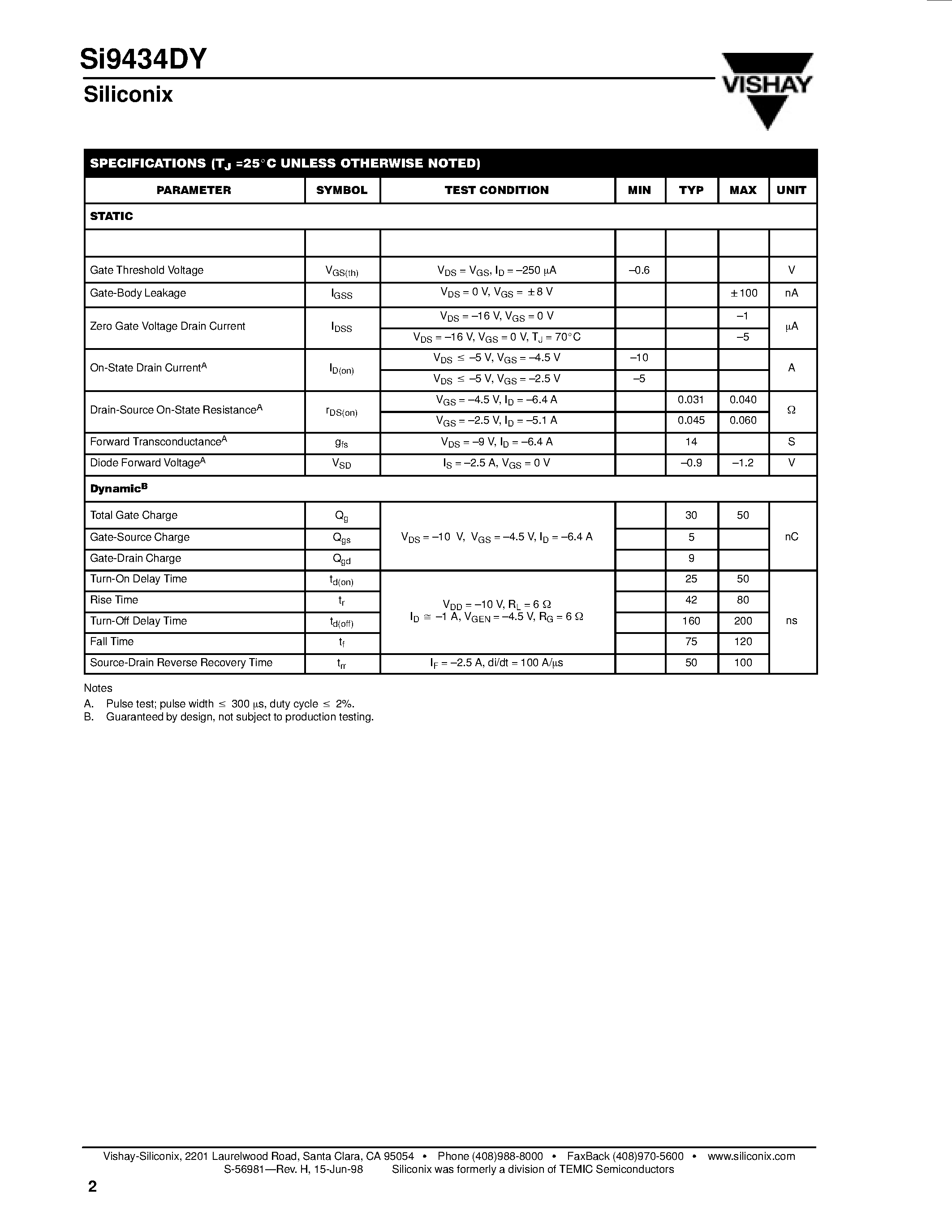 Datasheet SI9434DY - P-Channel Enhancement-Mode MOSFET page 2