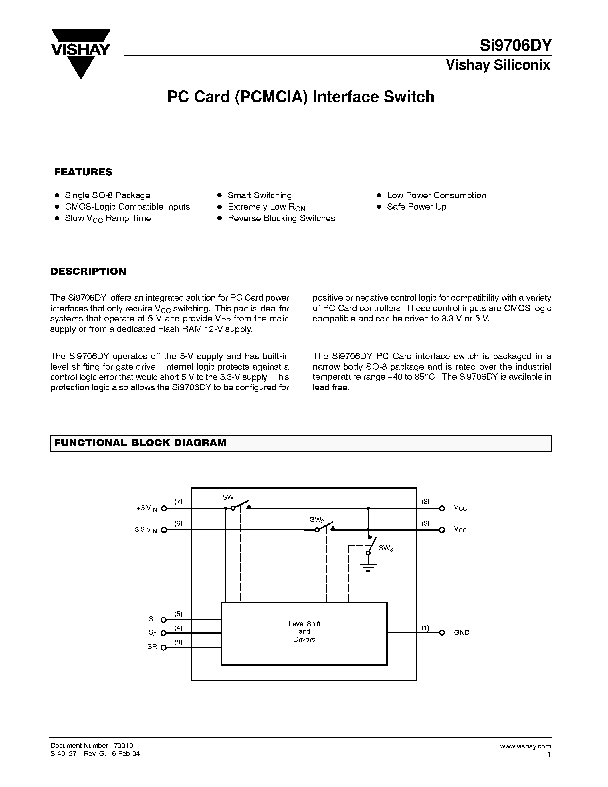 Datasheet SI9706DY page 1 Datasheet SI9706DY - PC Card (PCMCIA) Interface Switch page 1