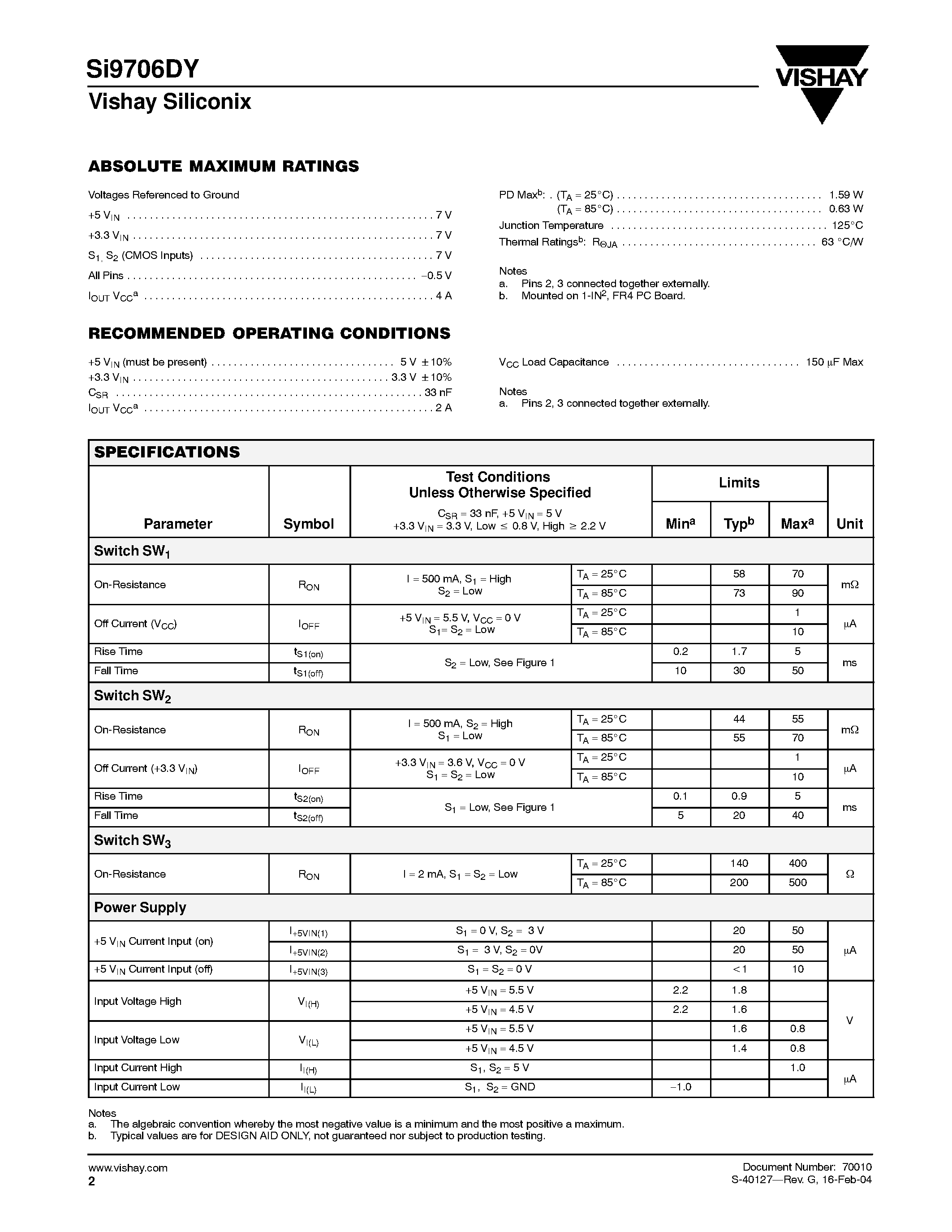 Datasheet Si9706DY-T1 page 2 Datasheet Si9706DY-T1 - PC Card (PCMCIA) Interface Switch page 2