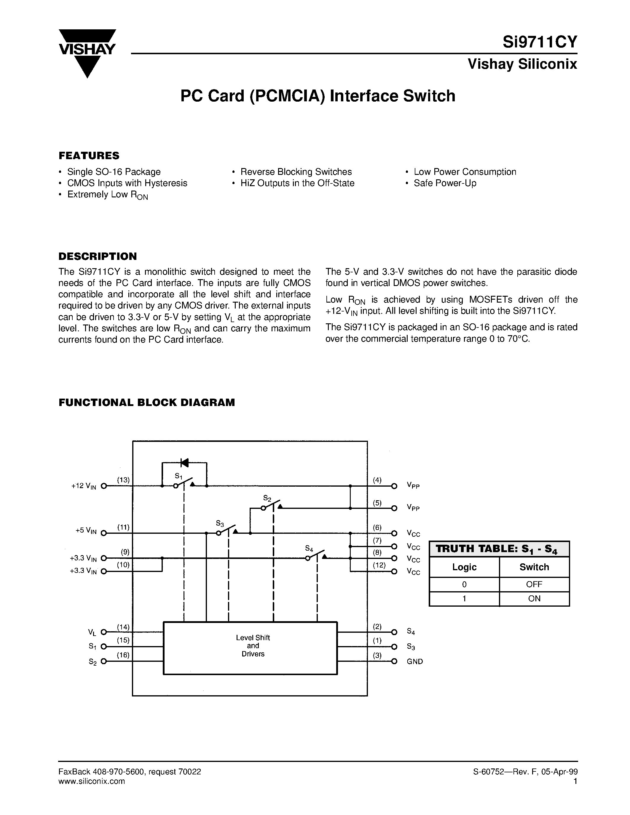 Datasheet SI9711CY page 1 Datasheet SI9711CY - PC Card (PCMCIA) Interface Switch page 1