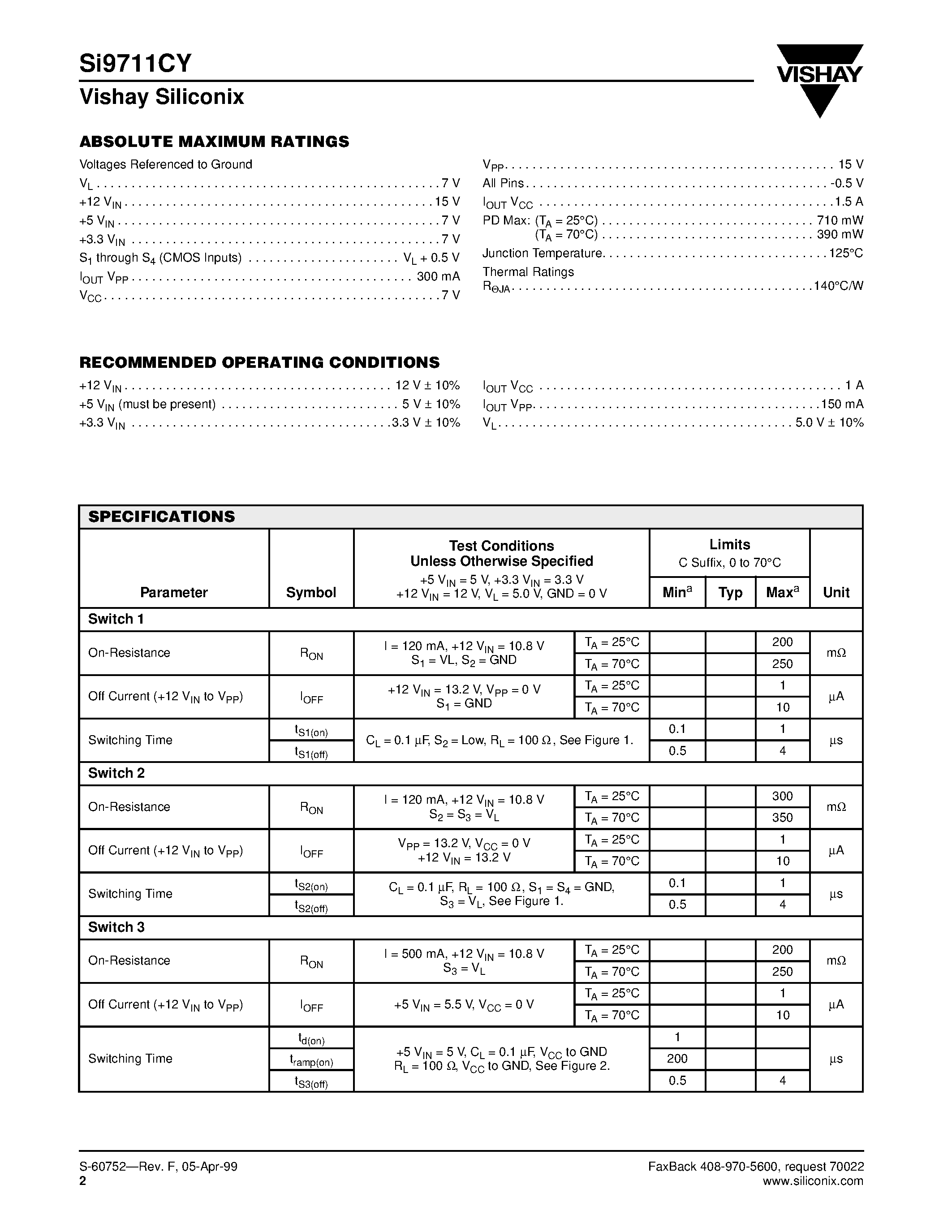 Datasheet SI9711CY page 2 Datasheet SI9711CY - PC Card (PCMCIA) Interface Switch page 2