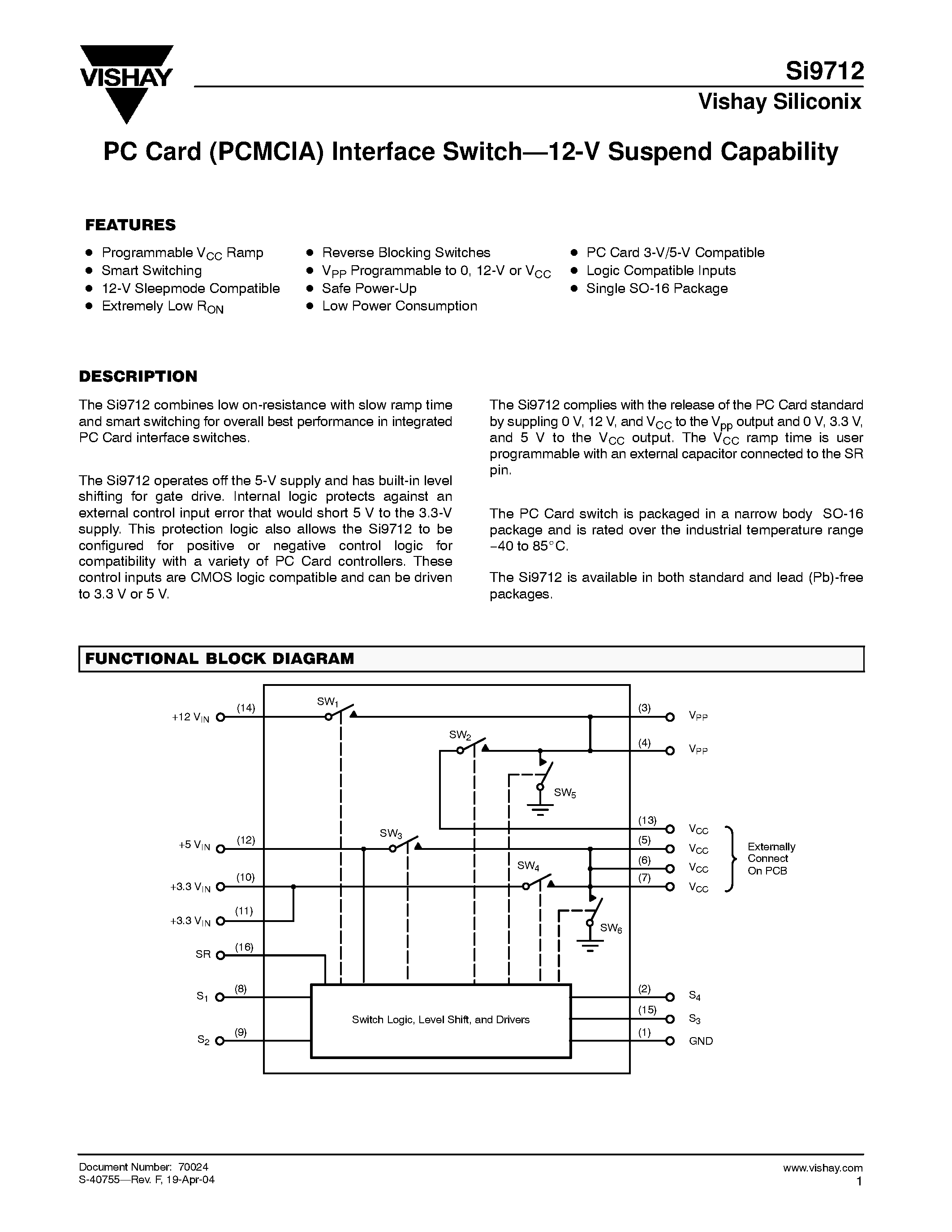Даташит SI9712DY-T1 - PC Card (PCMCIA) Interface Switch- 12-V Suspend Capability страница 1