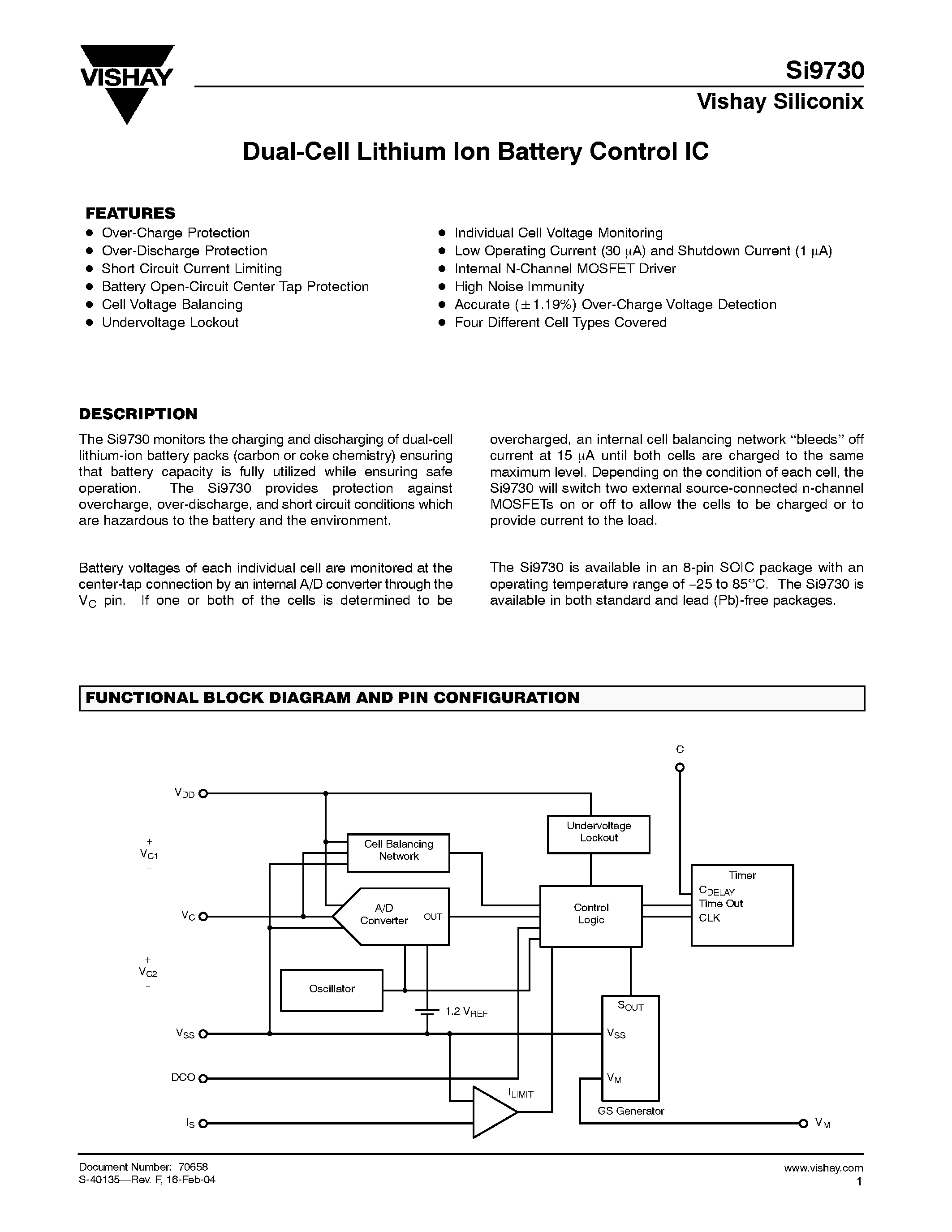 Datasheet Si9730ABY-T1-E3 page 1 Datasheet Si9730ABY-T1-E3 - Dual-Cell Lithium Ion Battery Control IC page 1