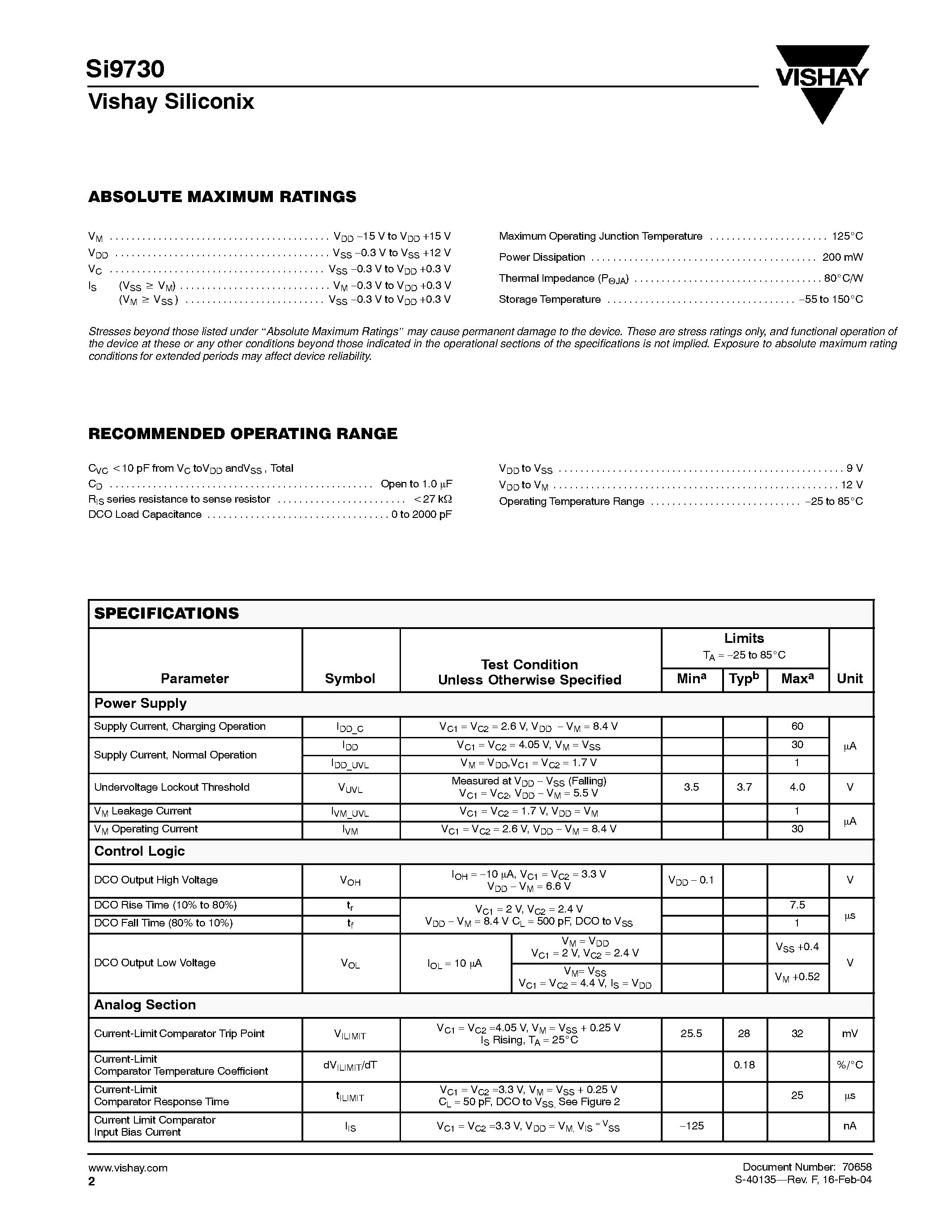 Datasheet Si9730BBY-T1-E3 - Dual-Cell Lithium Ion Battery Control IC page 2