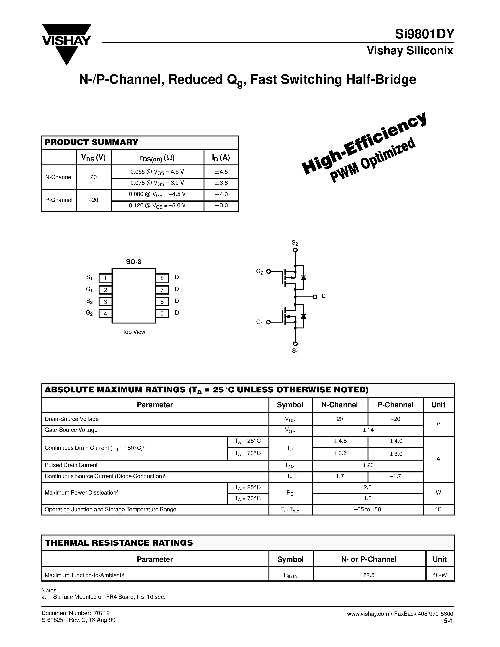 Datasheet SI9801DY - N-/P-Channel/ Reduced Qg/ Fast Switching Half-Bridge page 1