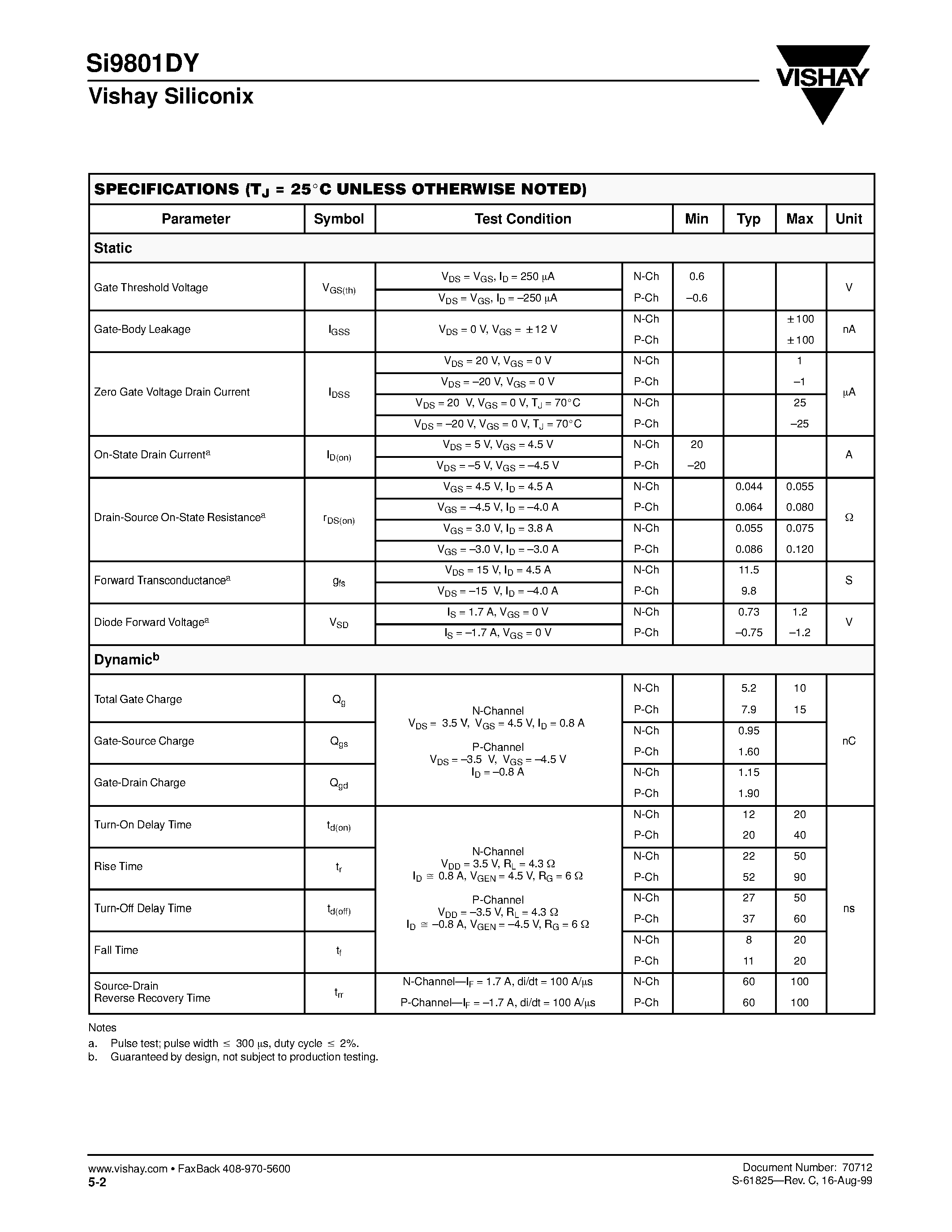 Datasheet SI9801DY - N-/P-Channel/ Reduced Qg/ Fast Switching Half-Bridge page 2
