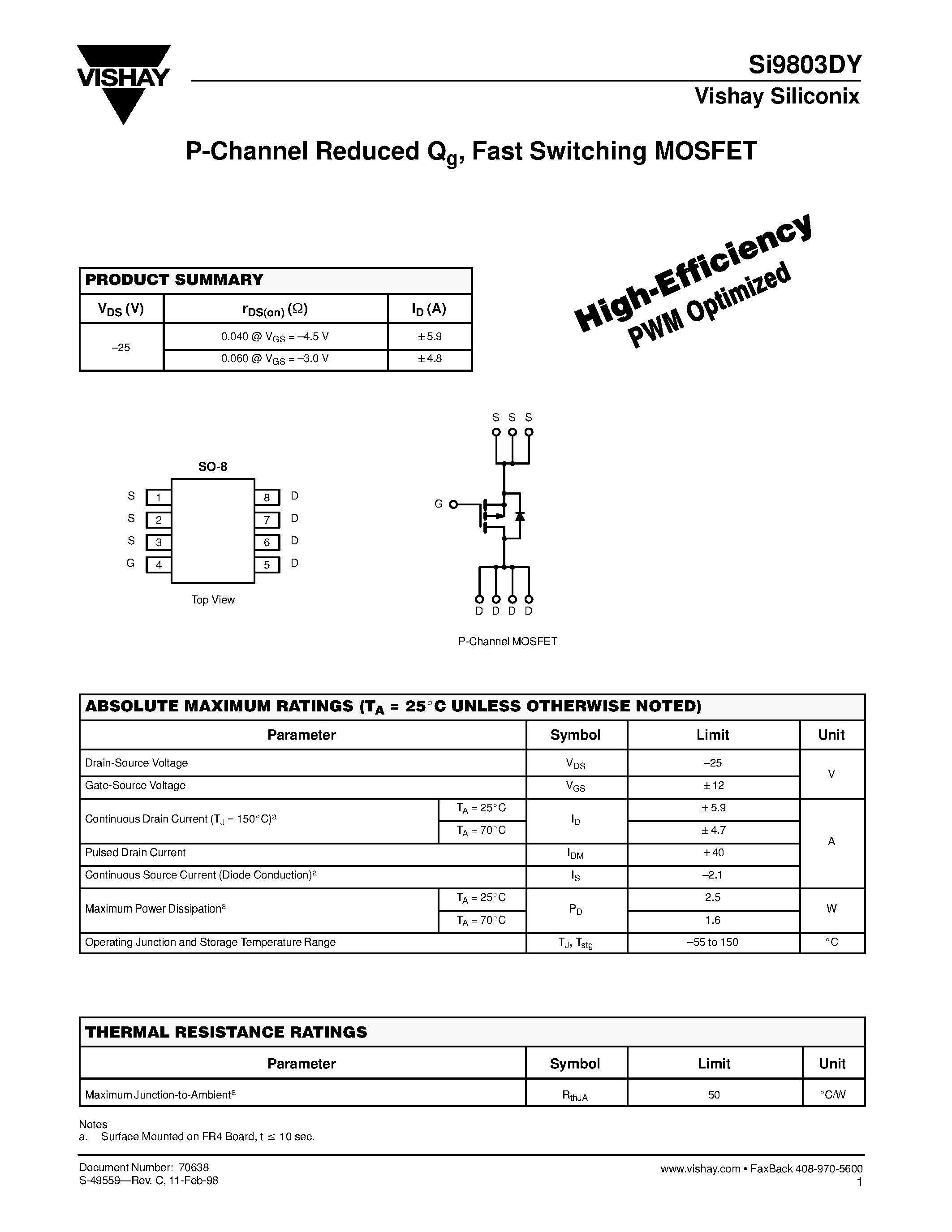 Datasheet SI9803DY - P-Channel Reduced Qg Fast Switching MOSFET page 1