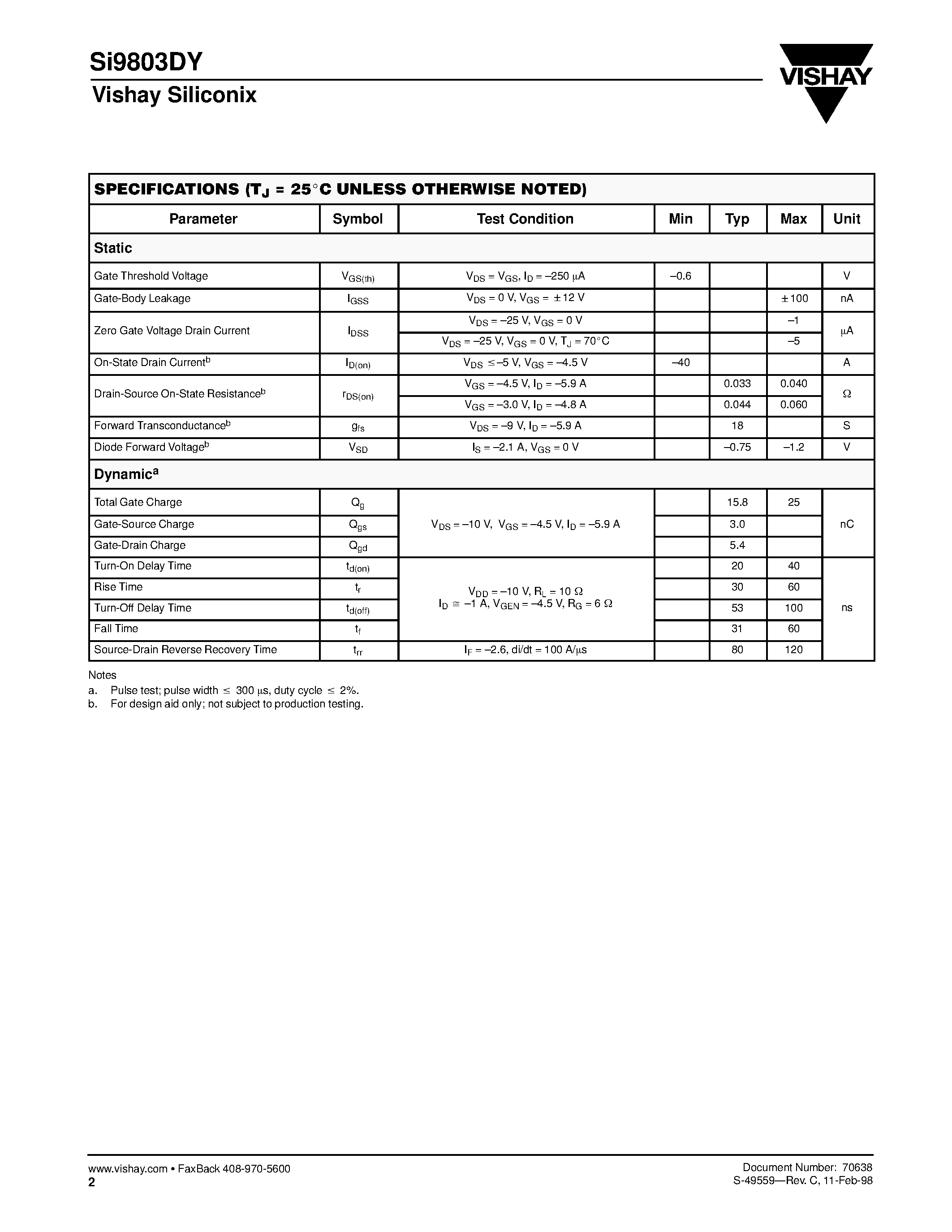 Datasheet SI9803DY - P-Channel Reduced Qg Fast Switching MOSFET page 2