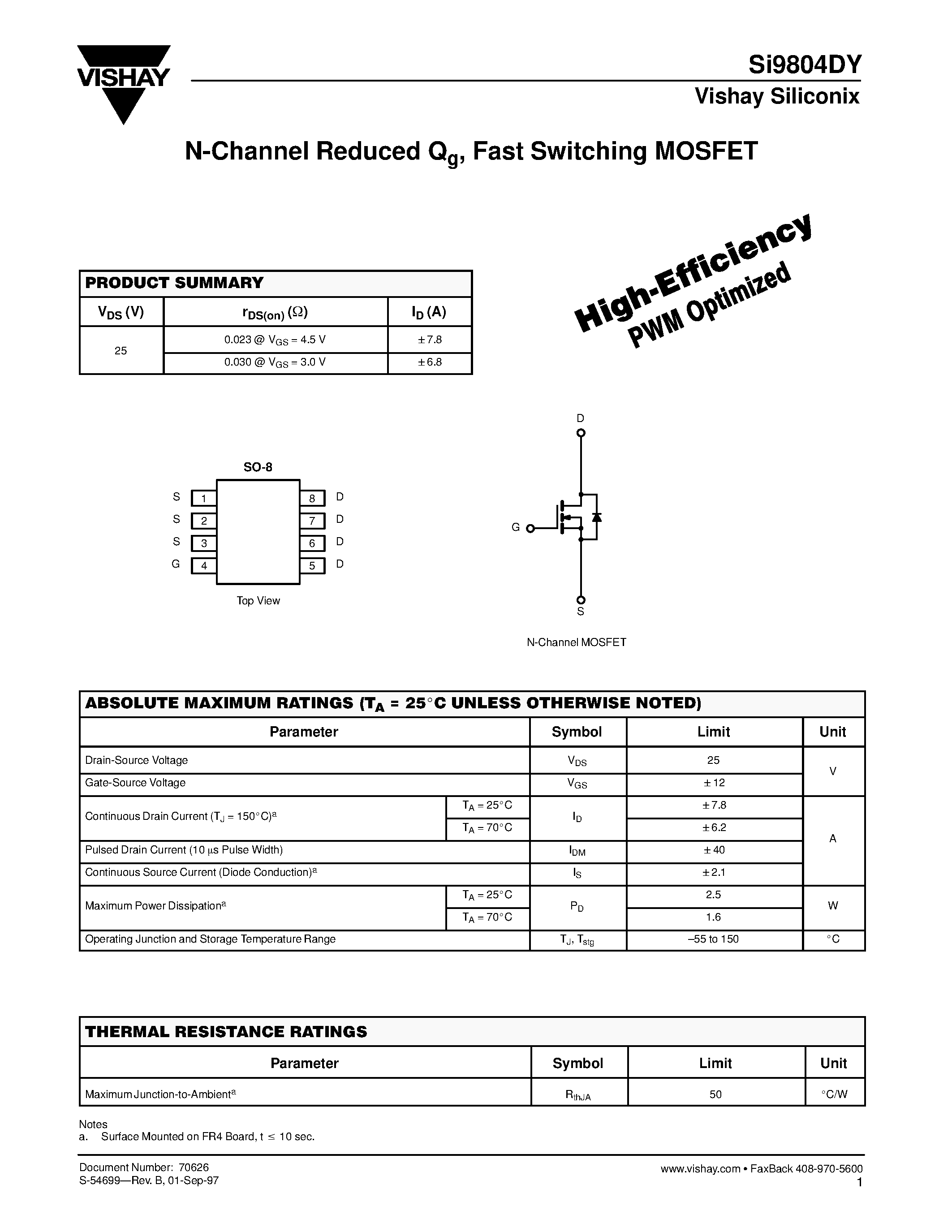 Datasheet SI9804DY - N-Channel Reduced Qg/ Fast Switching MOSFET page 1