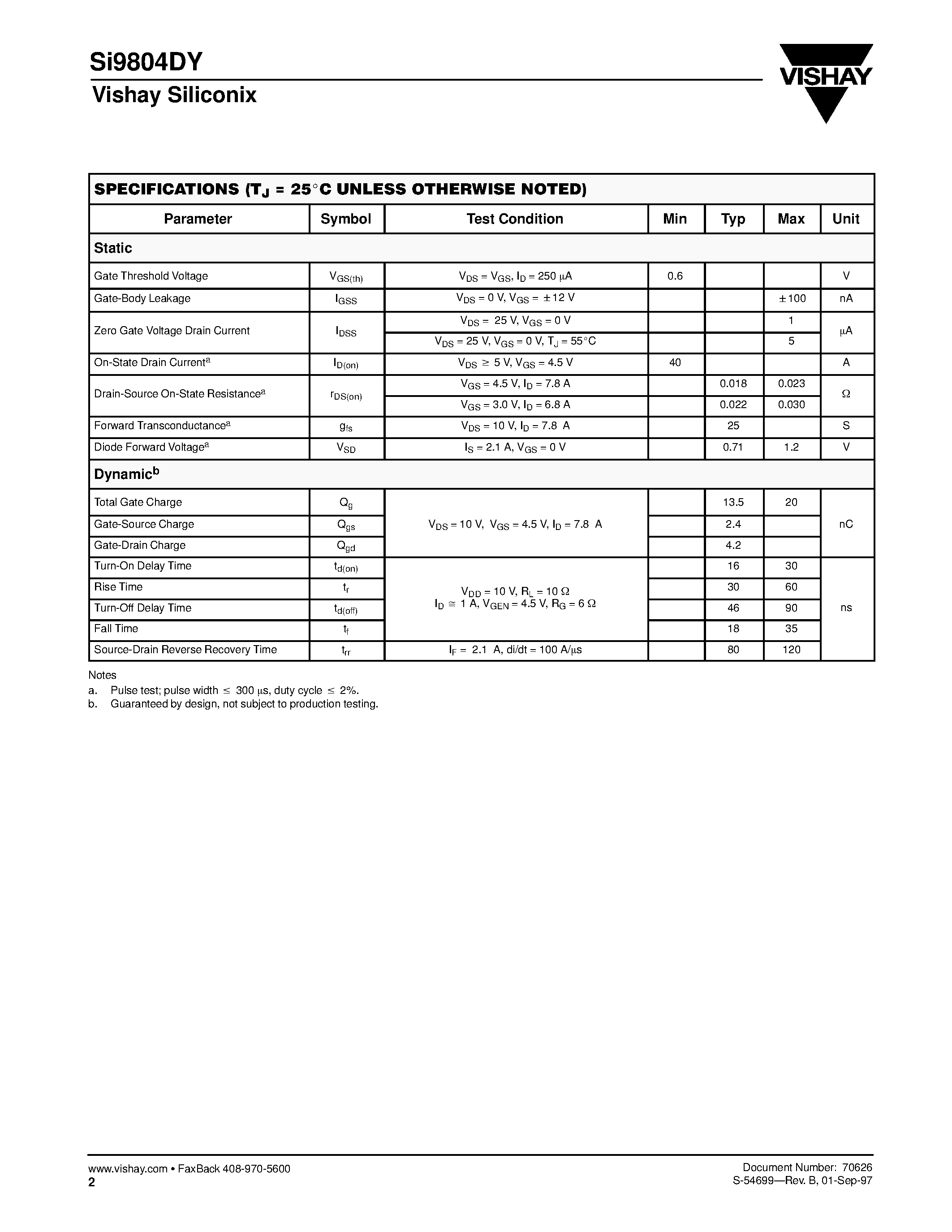 Datasheet SI9804DY - N-Channel Reduced Qg/ Fast Switching MOSFET page 2