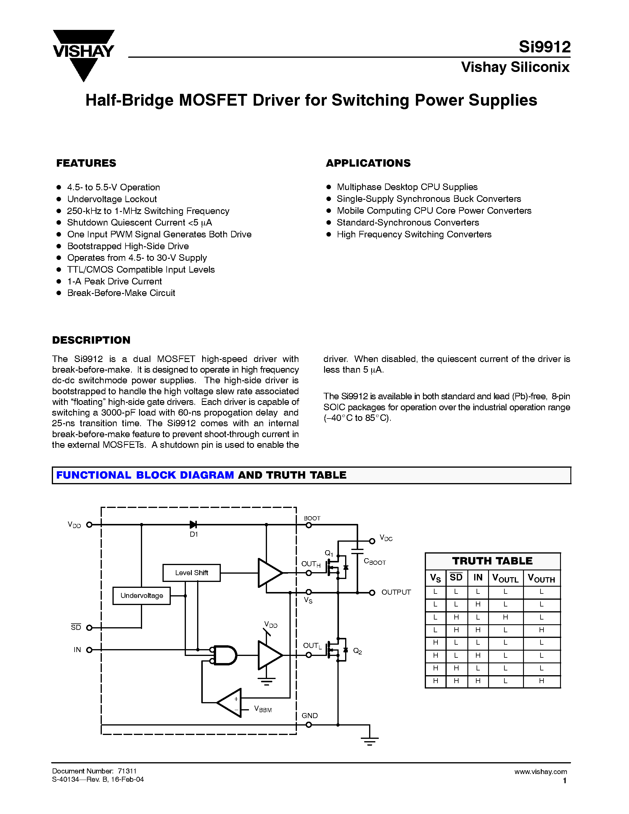 Datasheet SI9912DY page 1 Datasheet SI9912DY - Half-Bridge MOSFET Driver for Switching Power Supplies page 1