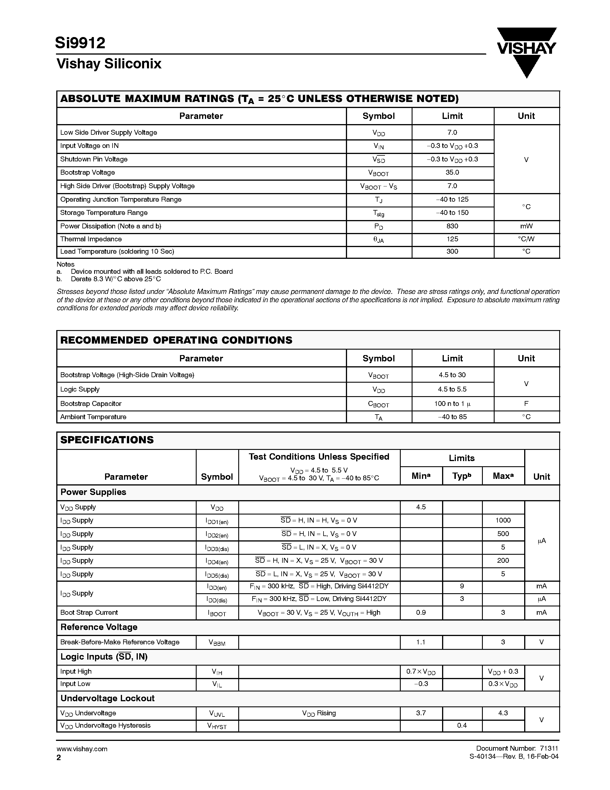 Datasheet SI9912DY-T1-E3 - Half-Bridge MOSFET Driver for Switching Power Supplies page 2