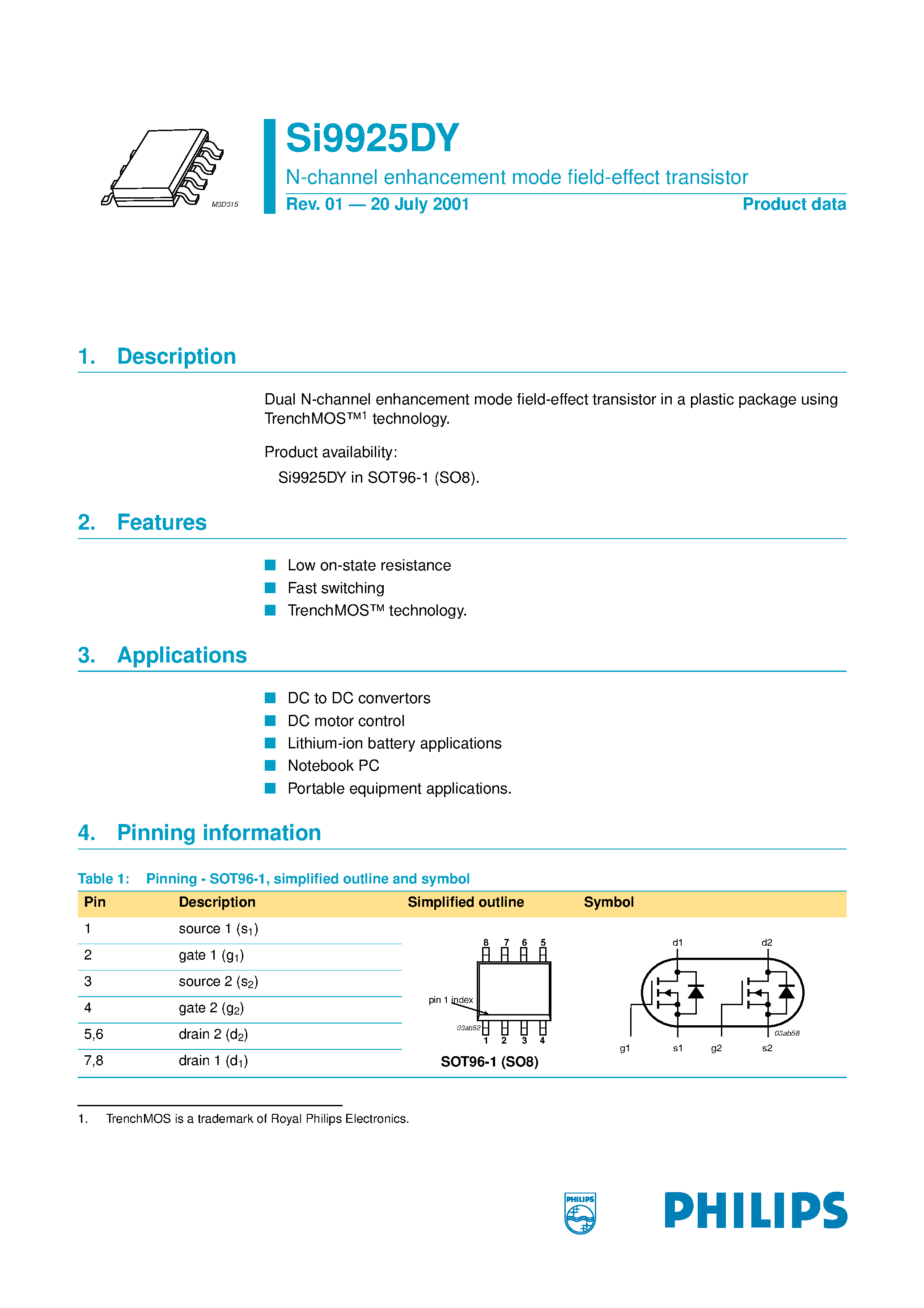 Datasheet SI9925DY - N-channel enhancement mode field-effect transistor page 1