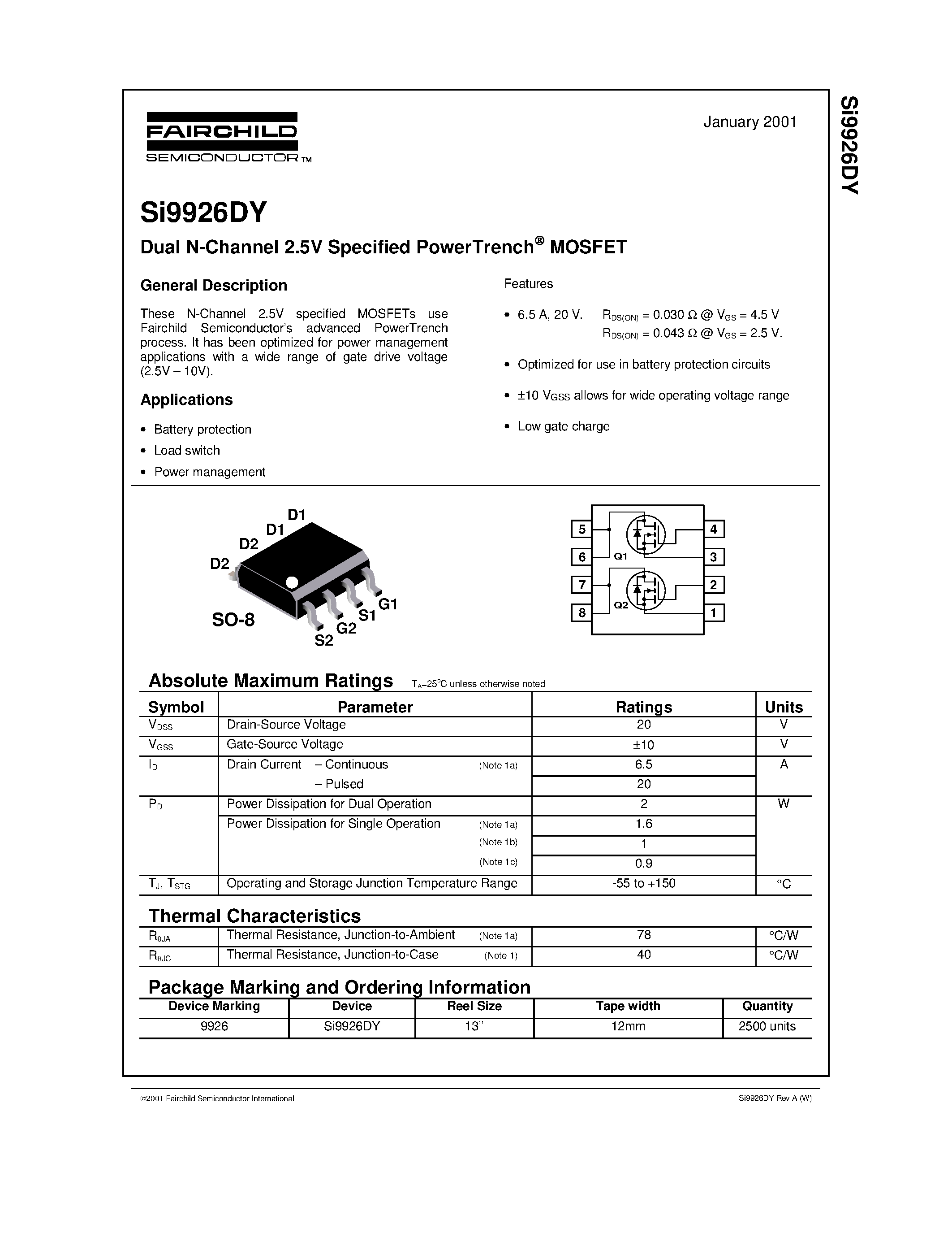Datasheet SI9926DY - Dual N-Channel 2.5V Specified PowerTrench MOSFET page 1