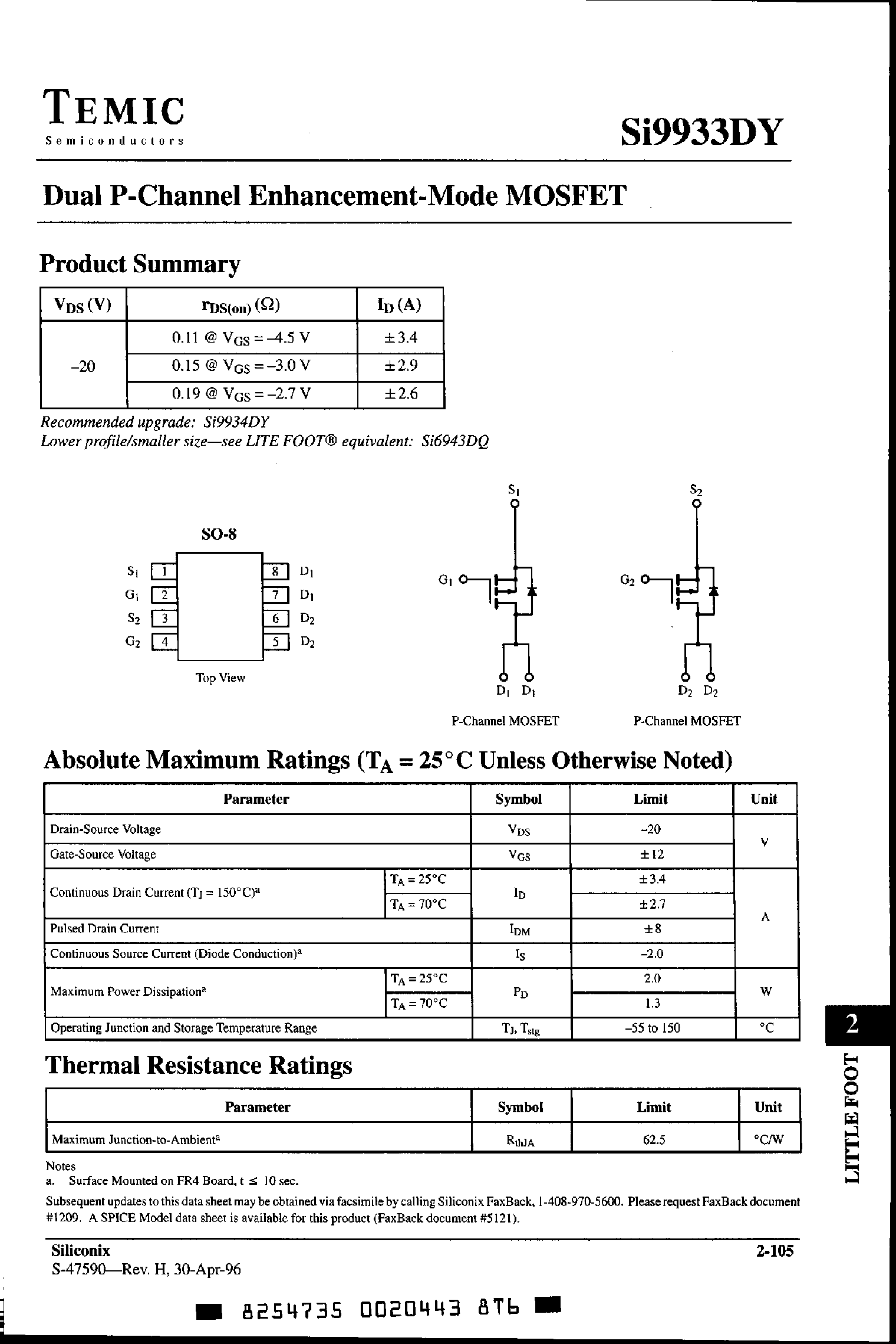 Datasheet SI9933DY - Dual P-Channel Enhancement-Mode MOSFET page 1