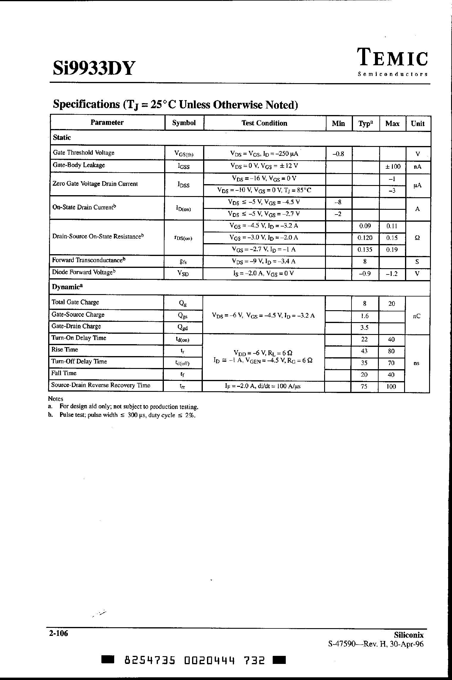 Datasheet SI9933DY - Dual P-Channel Enhancement-Mode MOSFET page 2