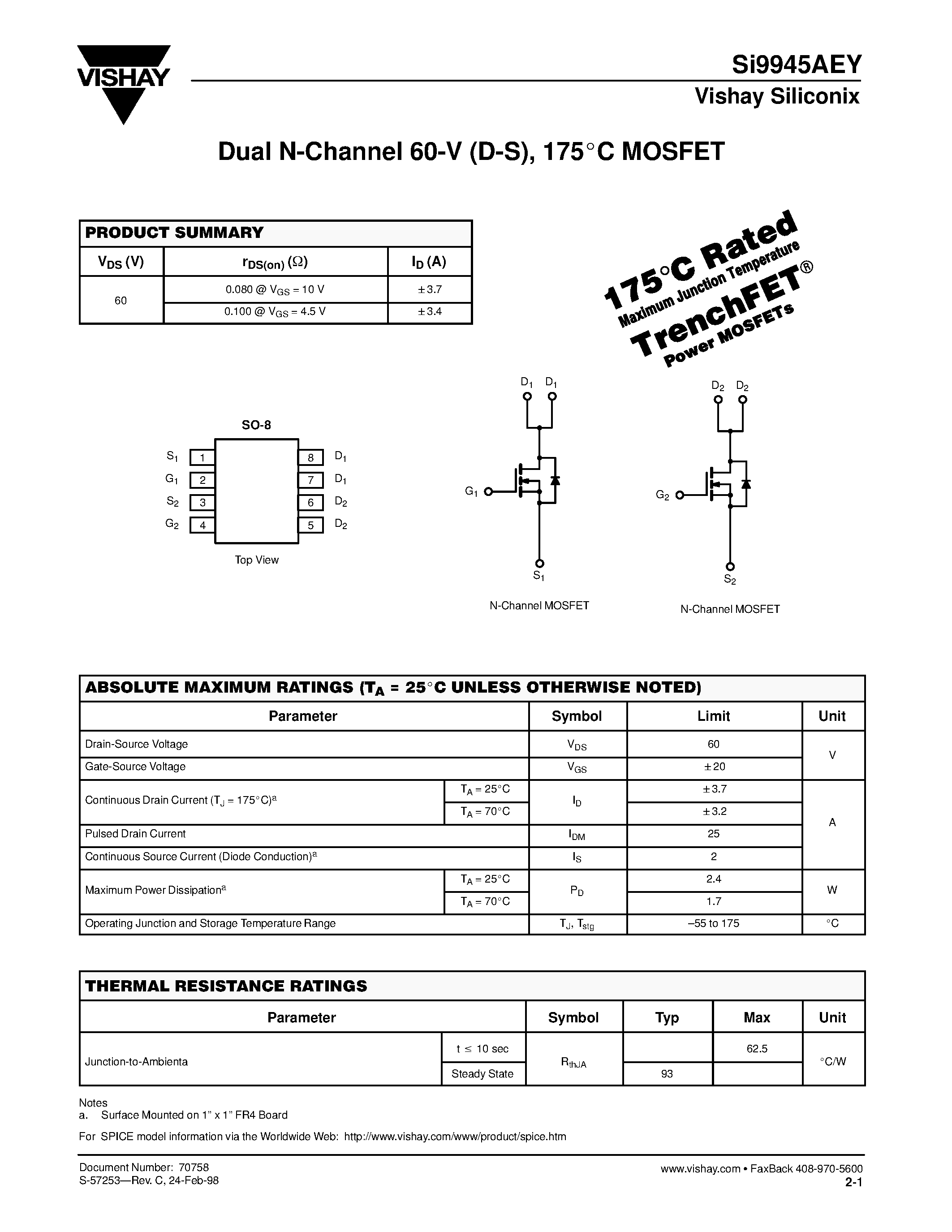 Даташит SI9945AEY - Dual N-Channel 60-V (D-S)/ 175C MOSFET страница 1