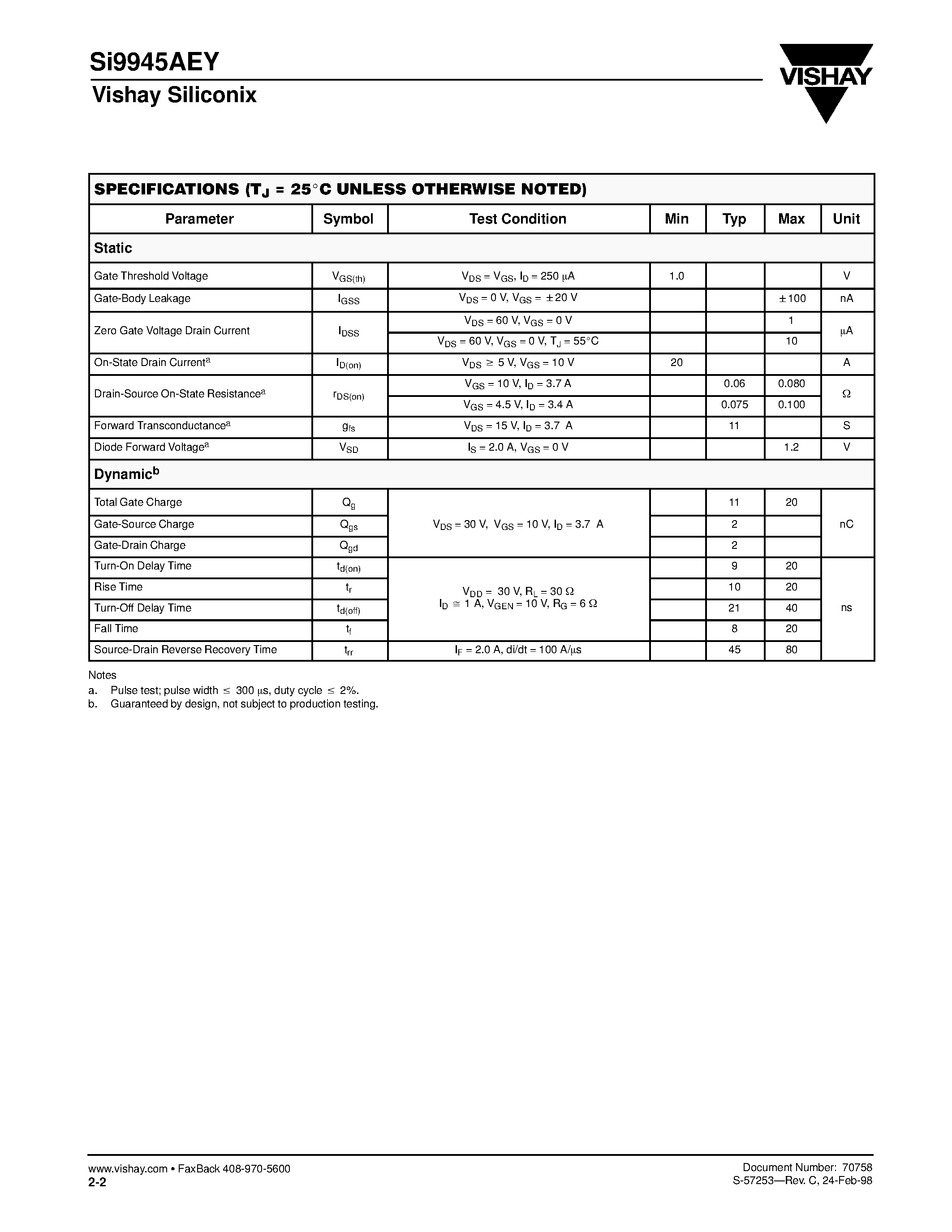 Даташит SI9945AEY - Dual N-Channel 60-V (D-S)/ 175C MOSFET страница 2