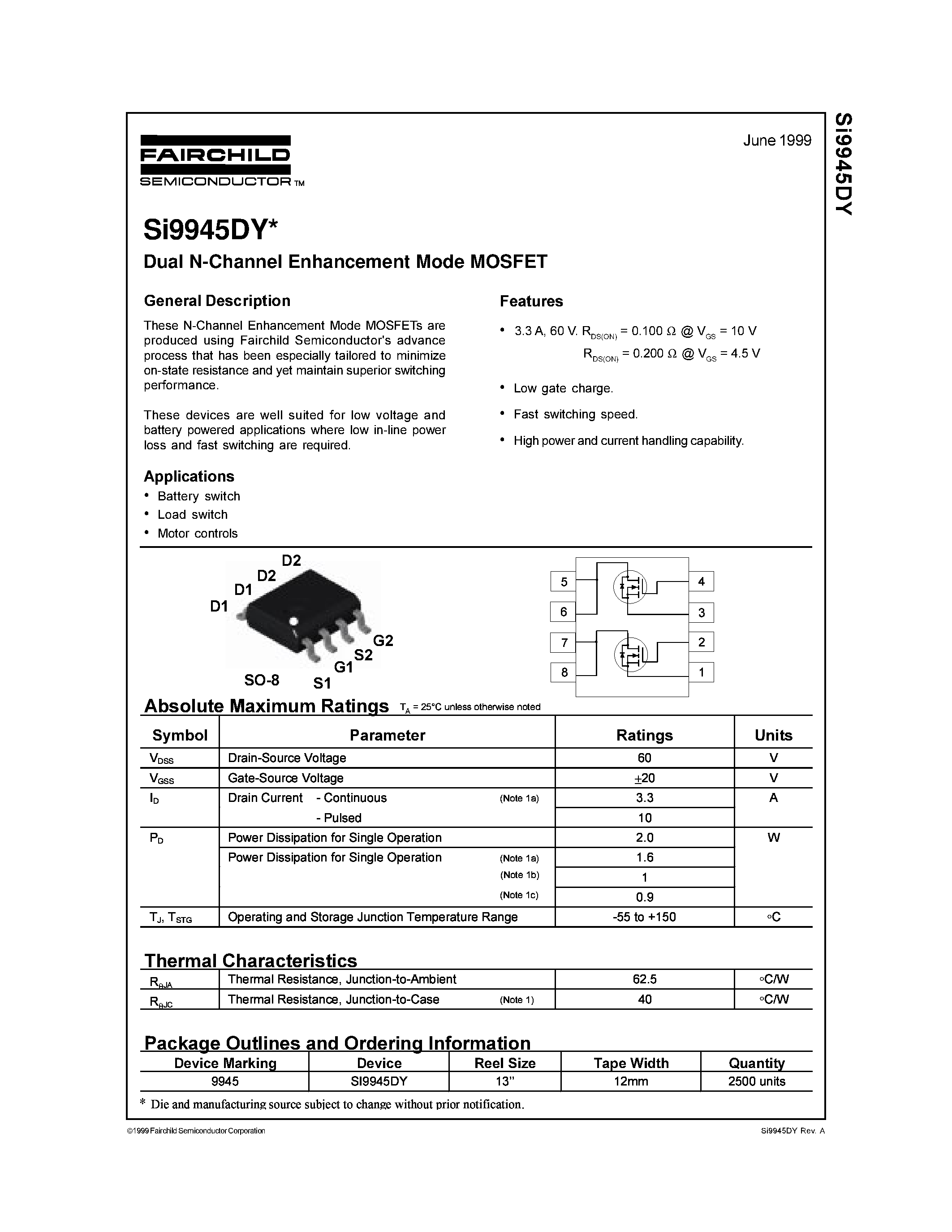 Datasheet SI9945DY - Dual N-Channel Enhancement Mode MOSFET page 1
