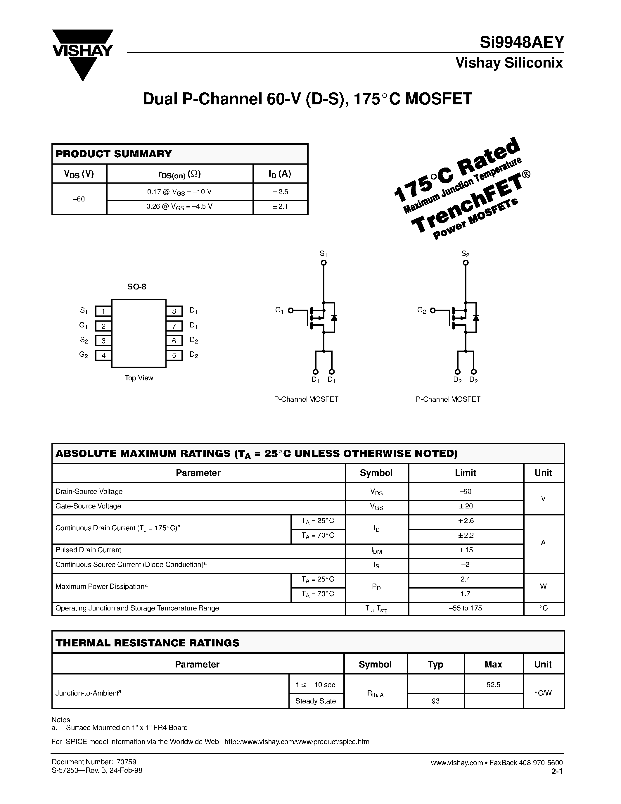 Даташит SI9948AEY - Dual P-Channel 60-V (D-S)/ 175C MOSFET страница 1