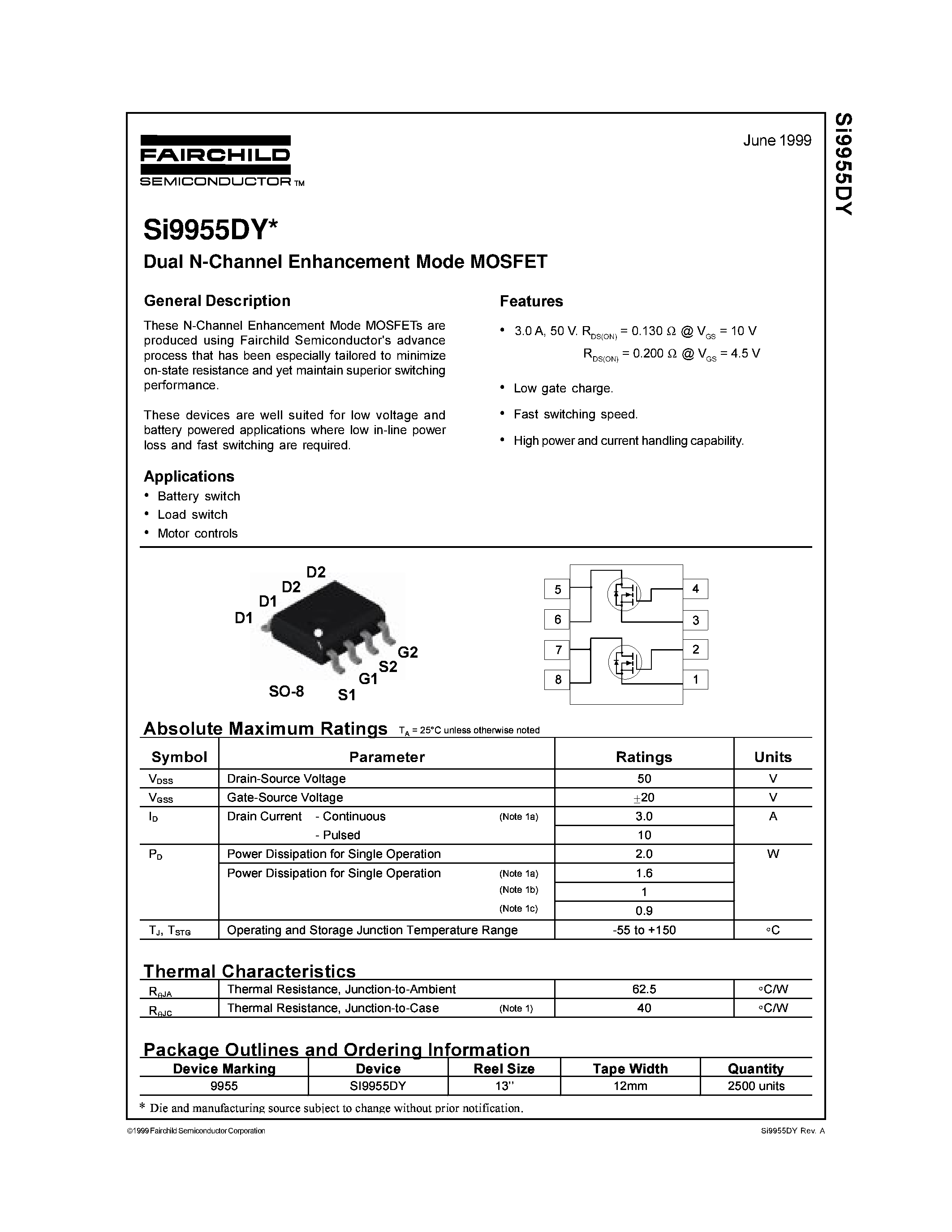 Datasheet SI9955DY - Dual N-Channel Enhancement Mode MOSFET page 1
