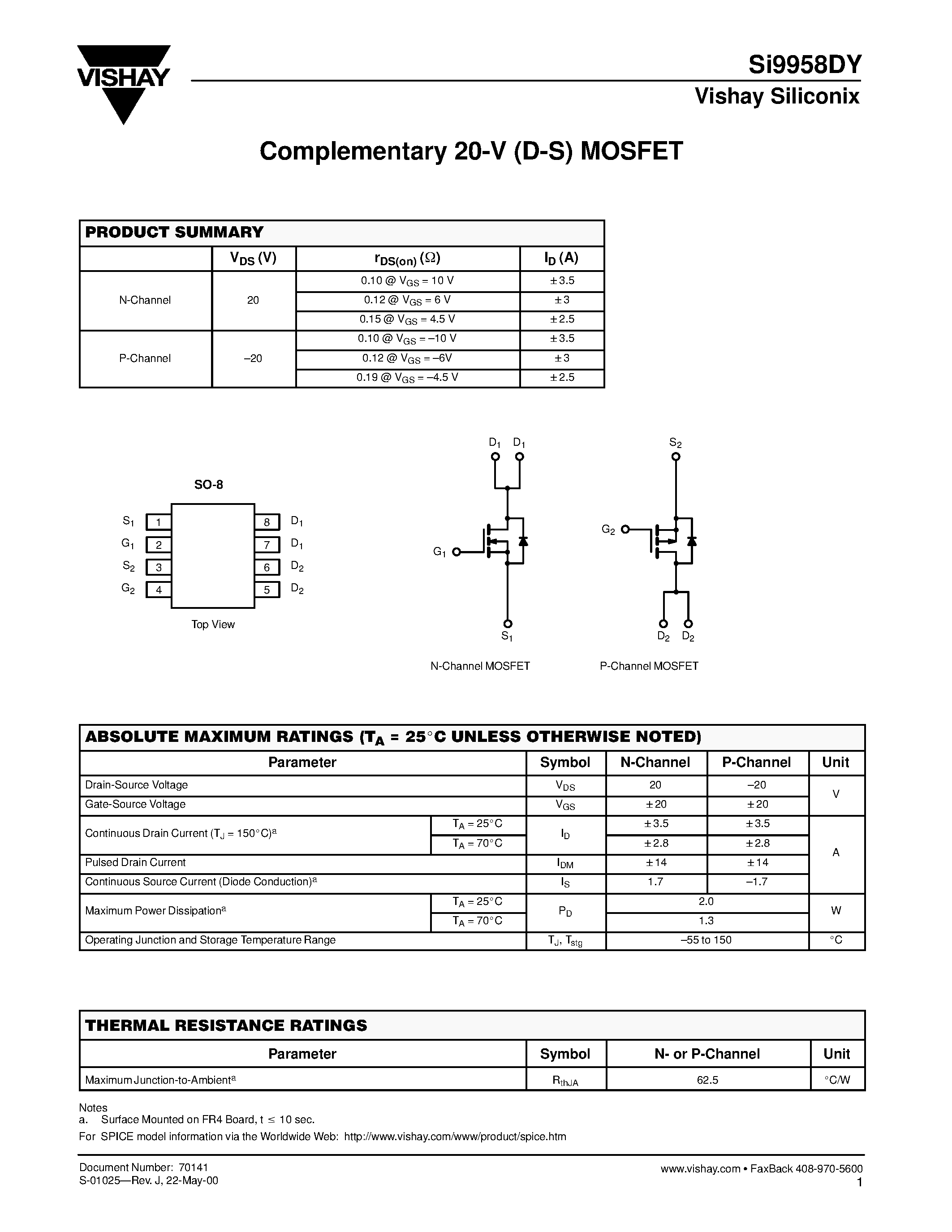 Даташит SI9958DY - Complementary 20-V (D-S) MOSFET страница 1