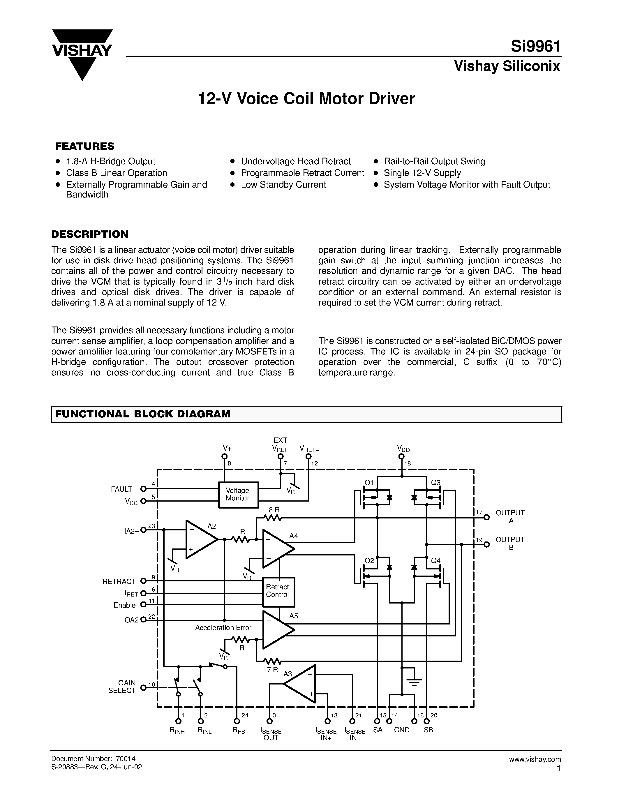 Даташит SI9961 - 12-V Voice Coil Motor Driver страница 1