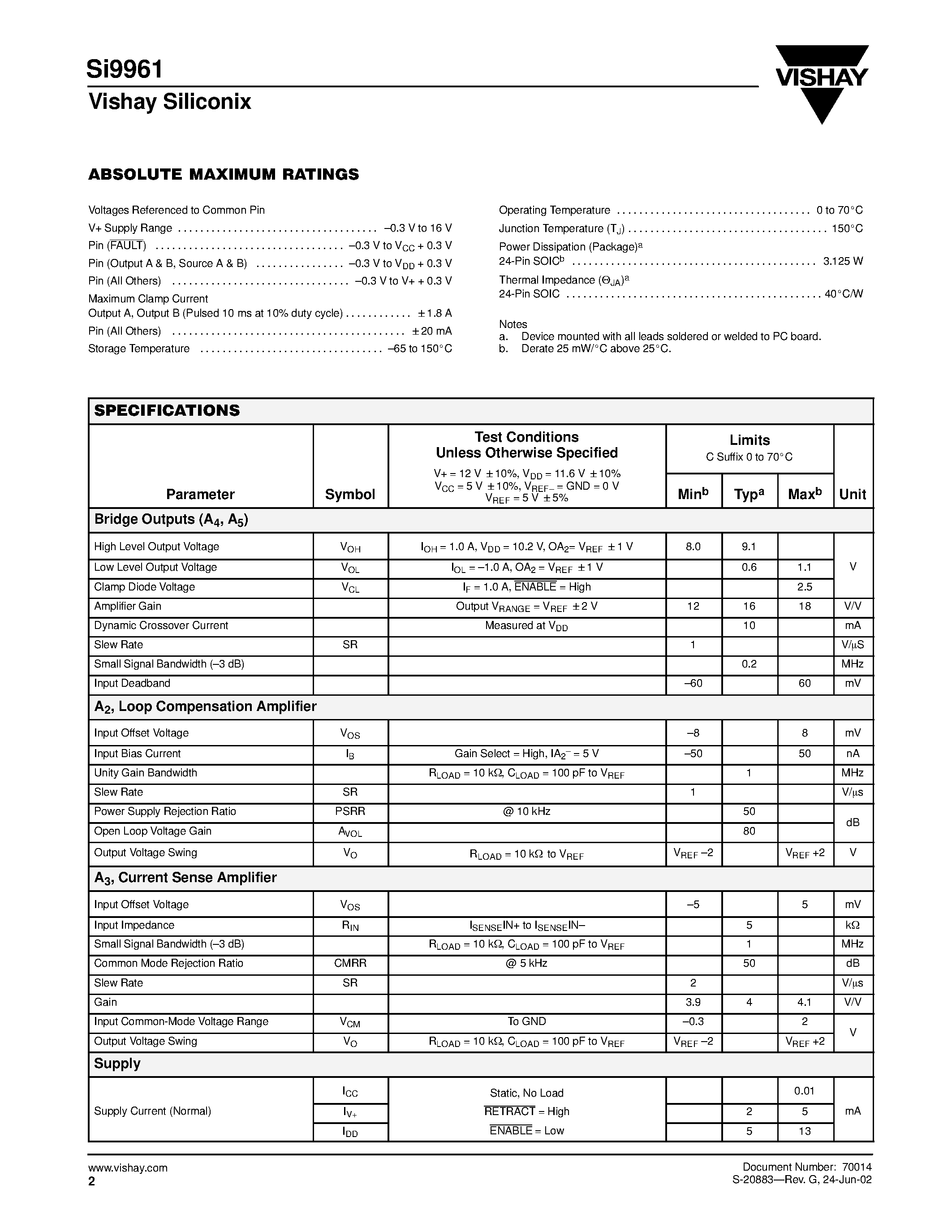 Даташит SI9961 - 12-V Voice Coil Motor Driver страница 2